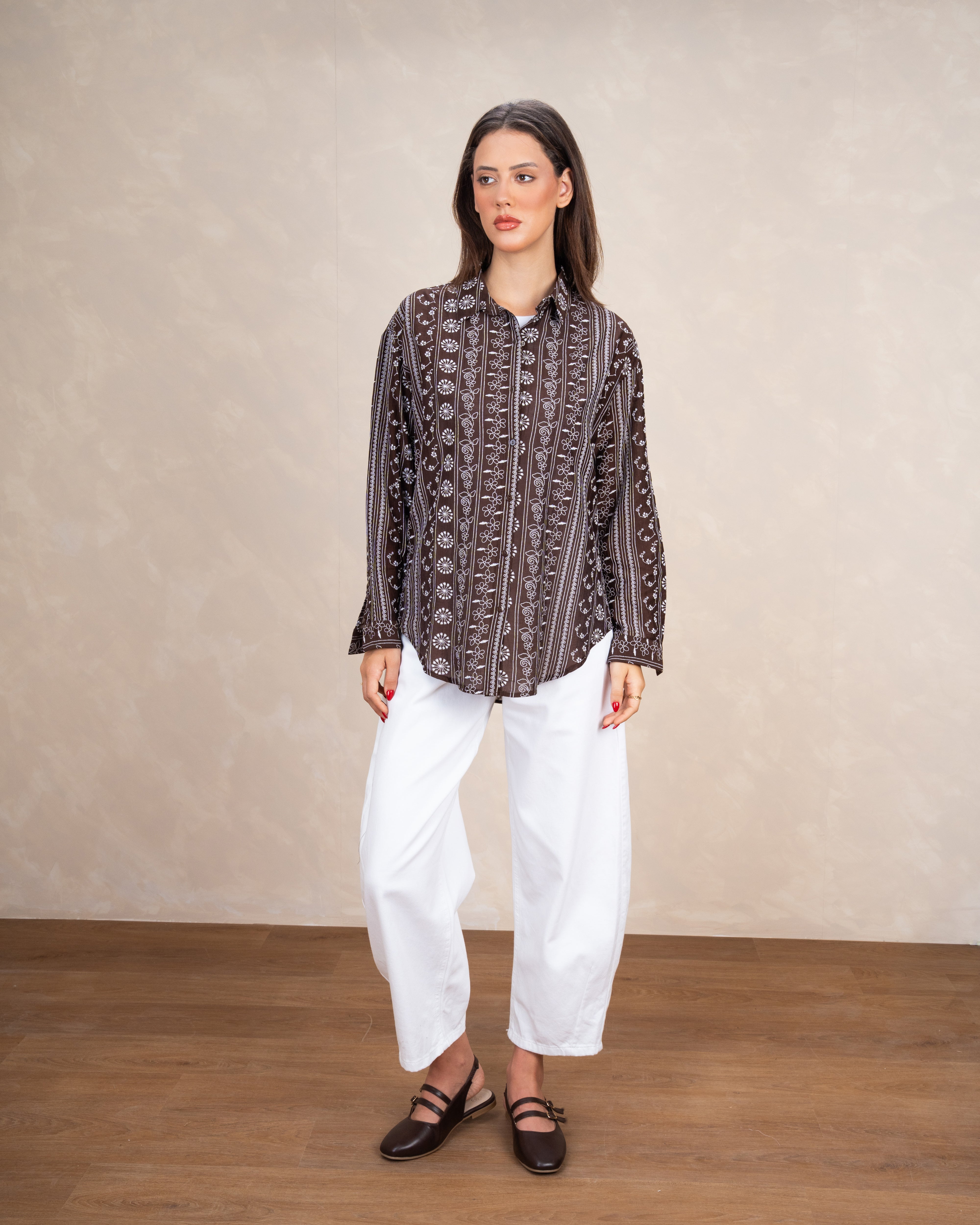 Vertical Floral Embroidery Shirt