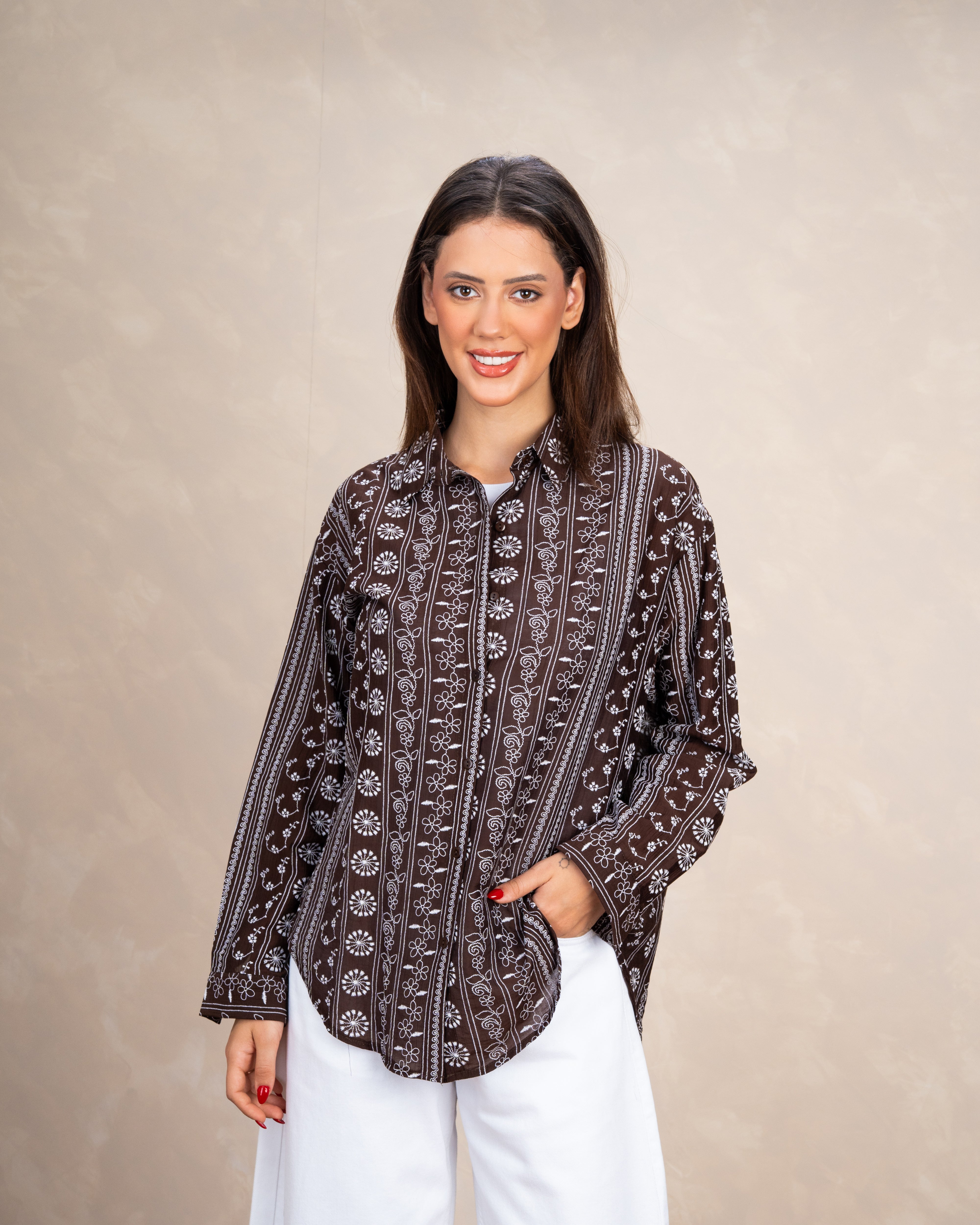 Vertical Floral Embroidery Shirt