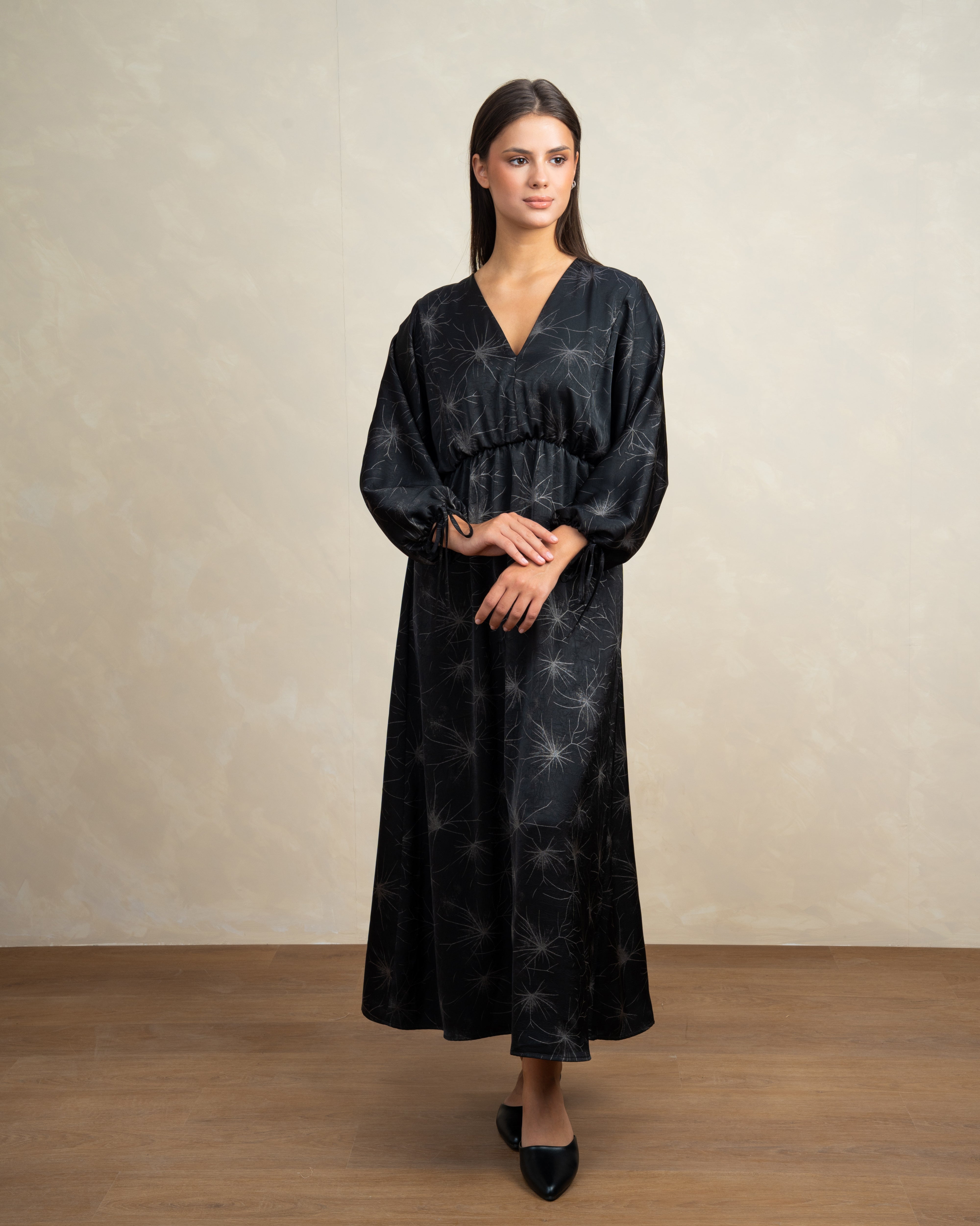 Floral Satin Dress With Tie Sleeves