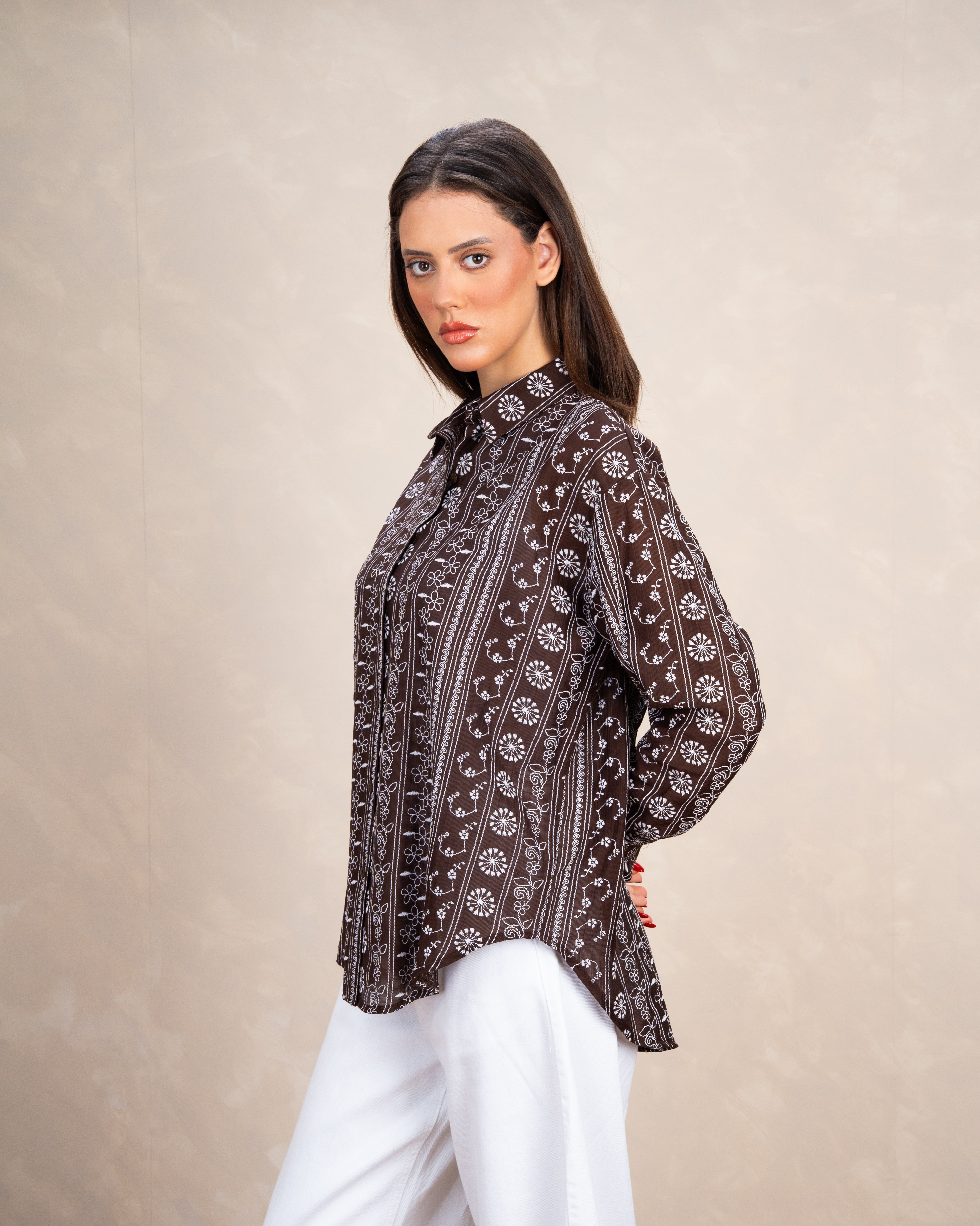 Vertical Floral Embroidery Shirt