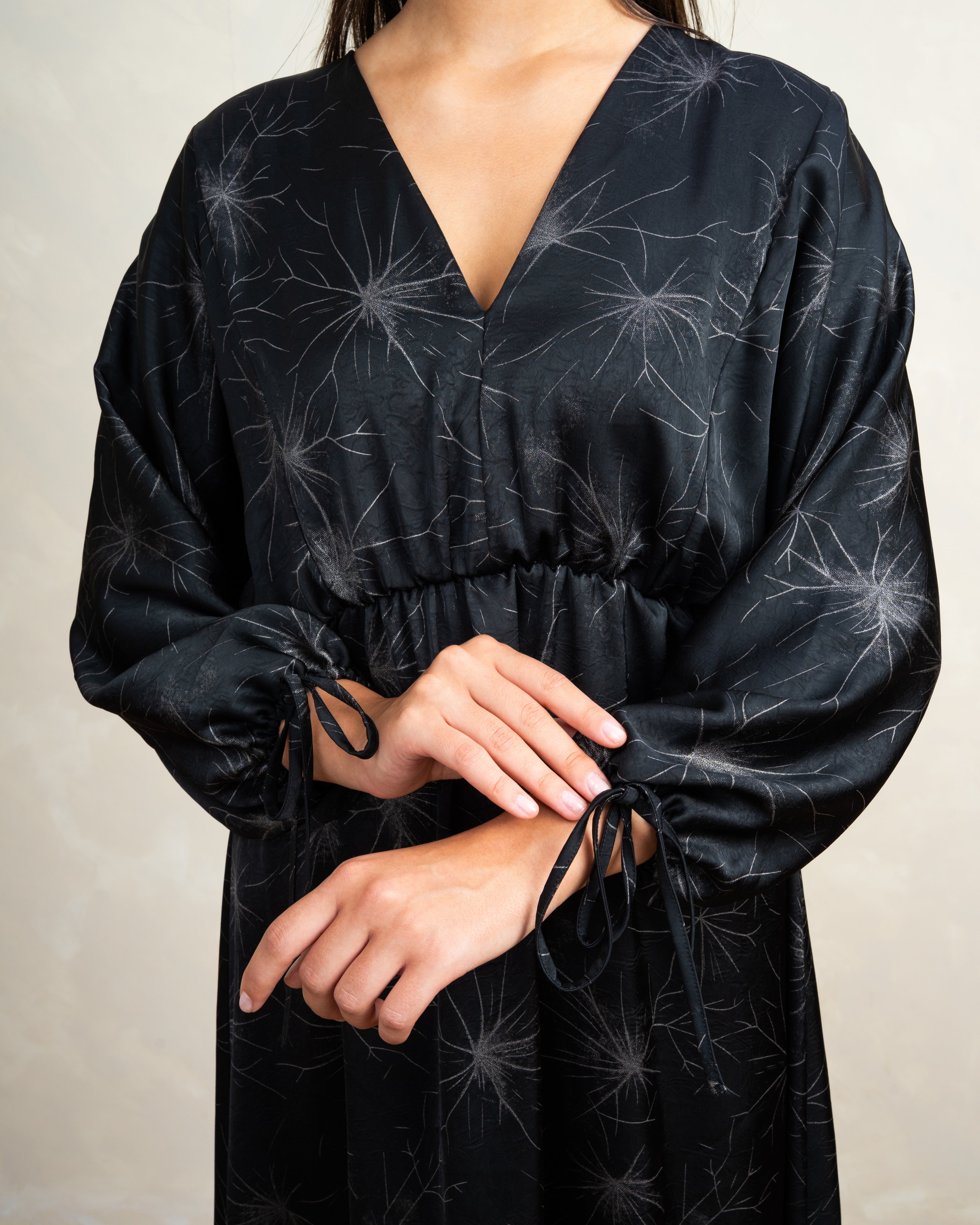 Floral Satin Dress With Tie Sleeves