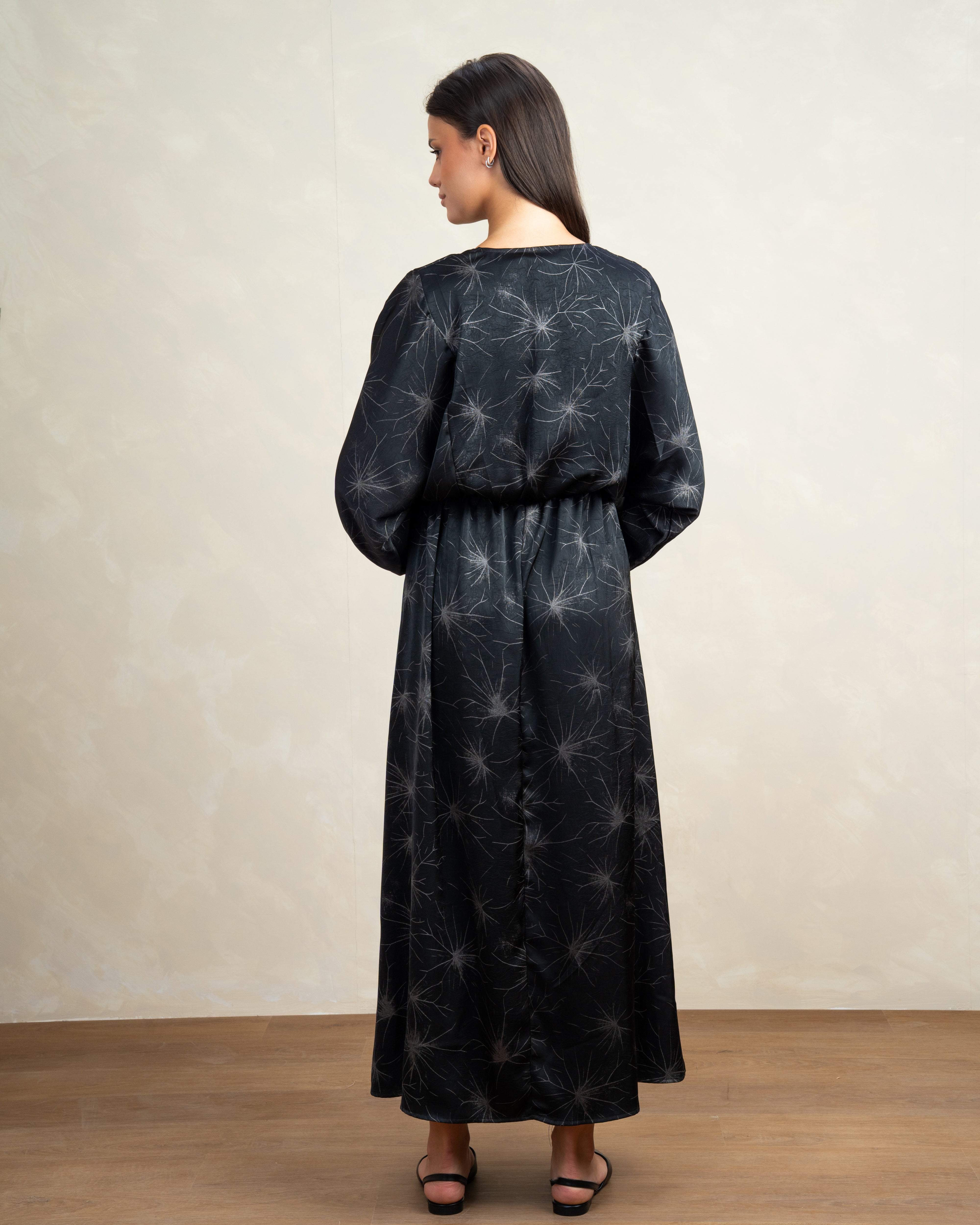 Floral Satin Dress With Tie Sleeves