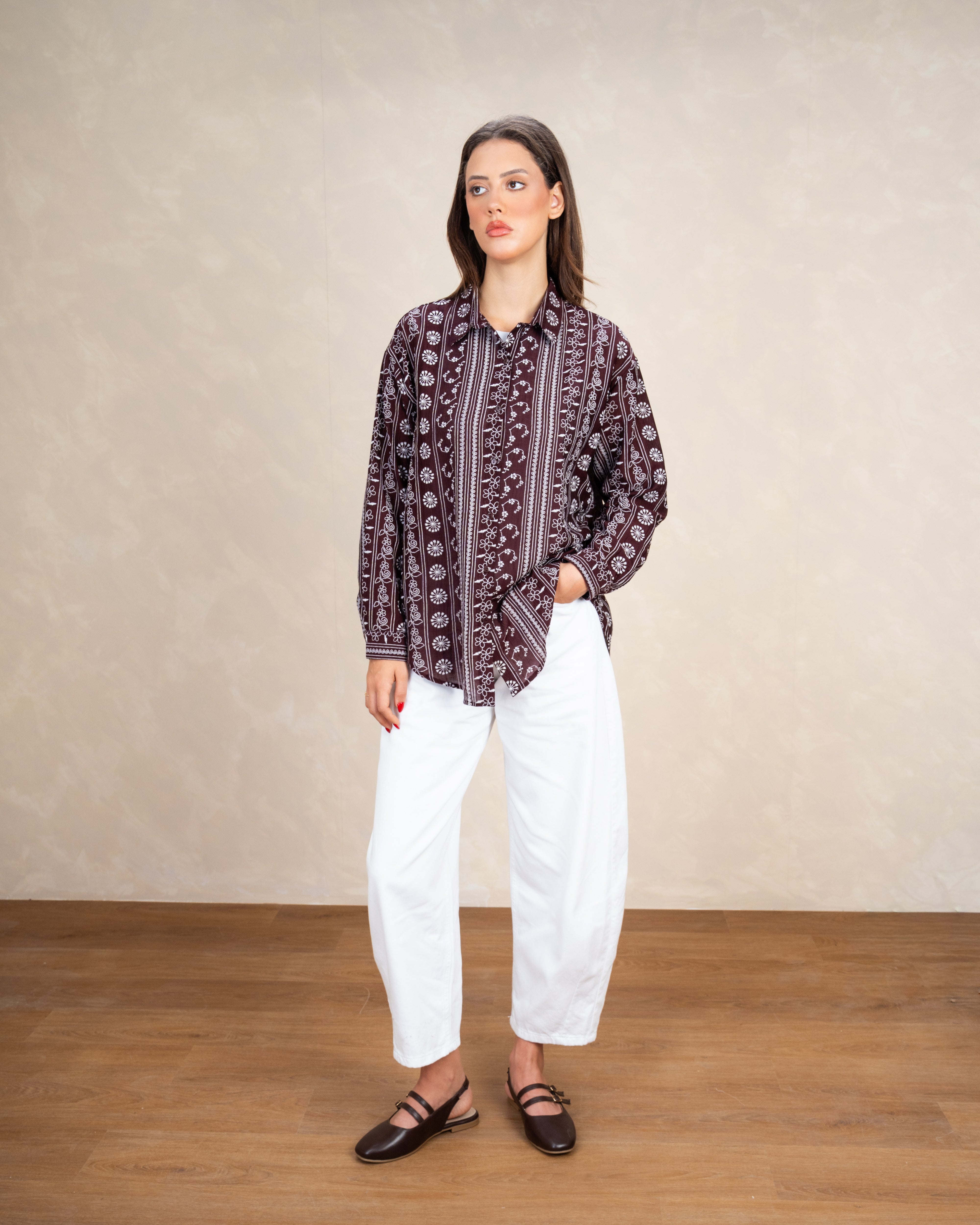 Vertical Floral Embroidery Shirt