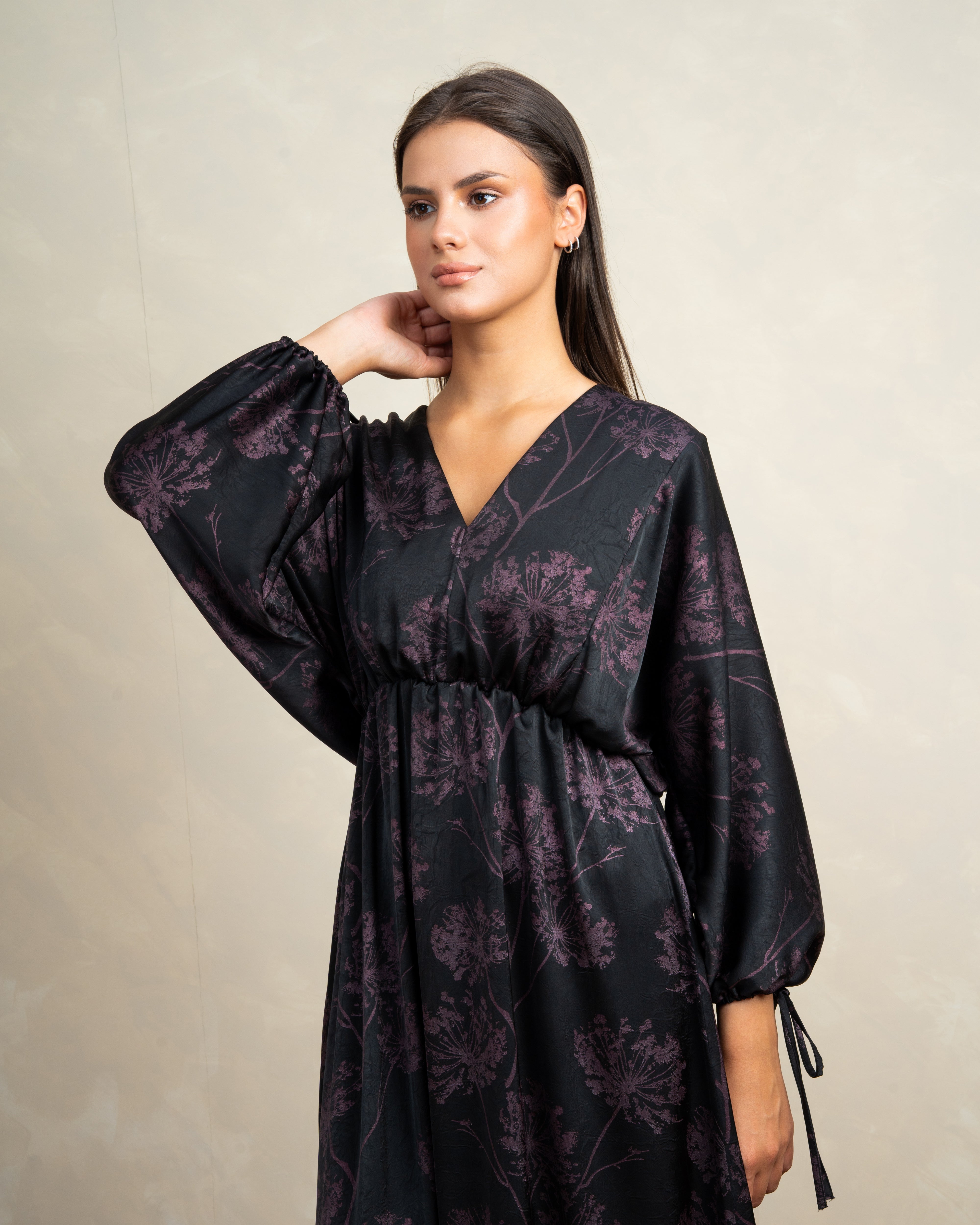 Floral Satin Dress With Tie Sleeves
