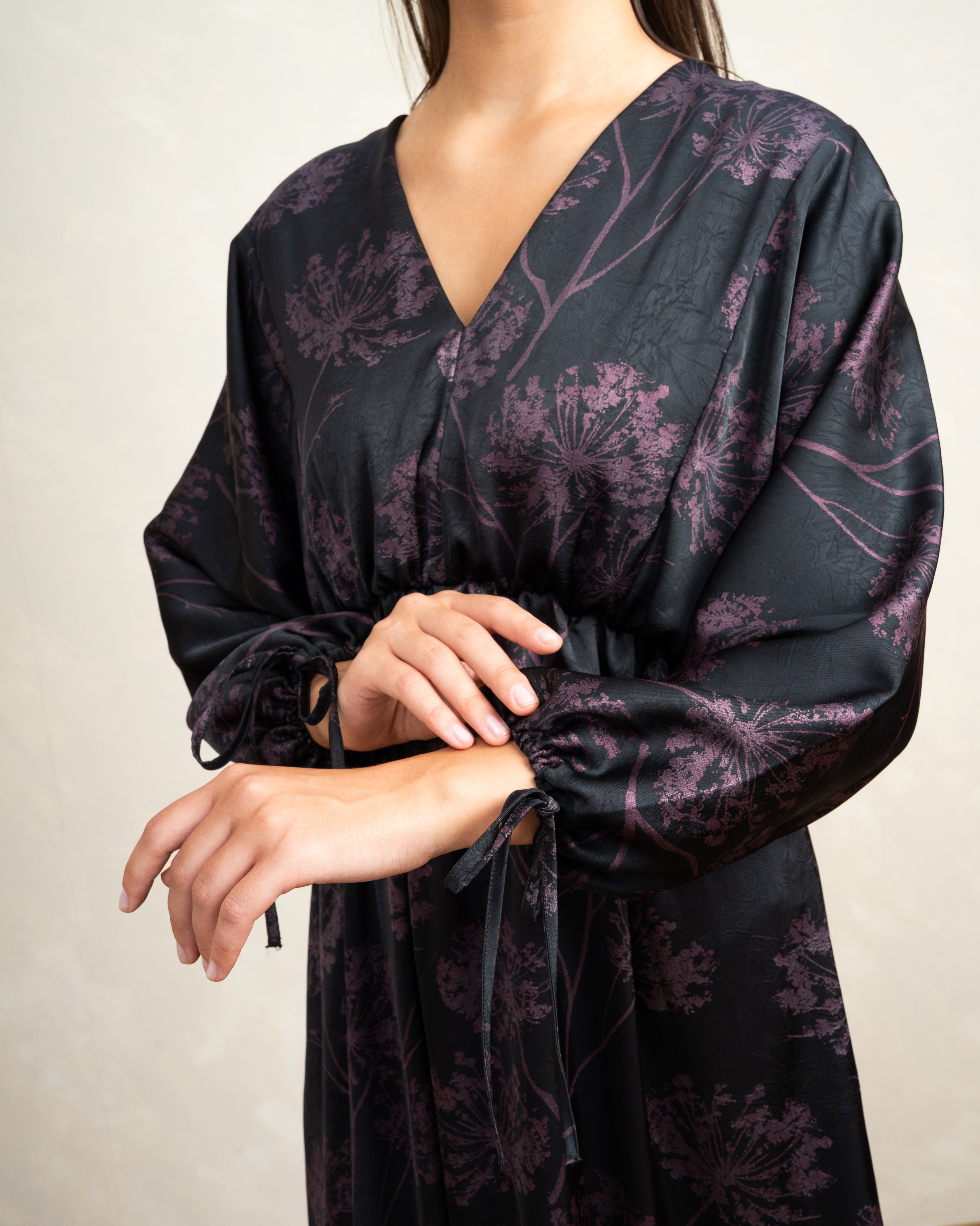 Floral Satin Dress With Tie Sleeves