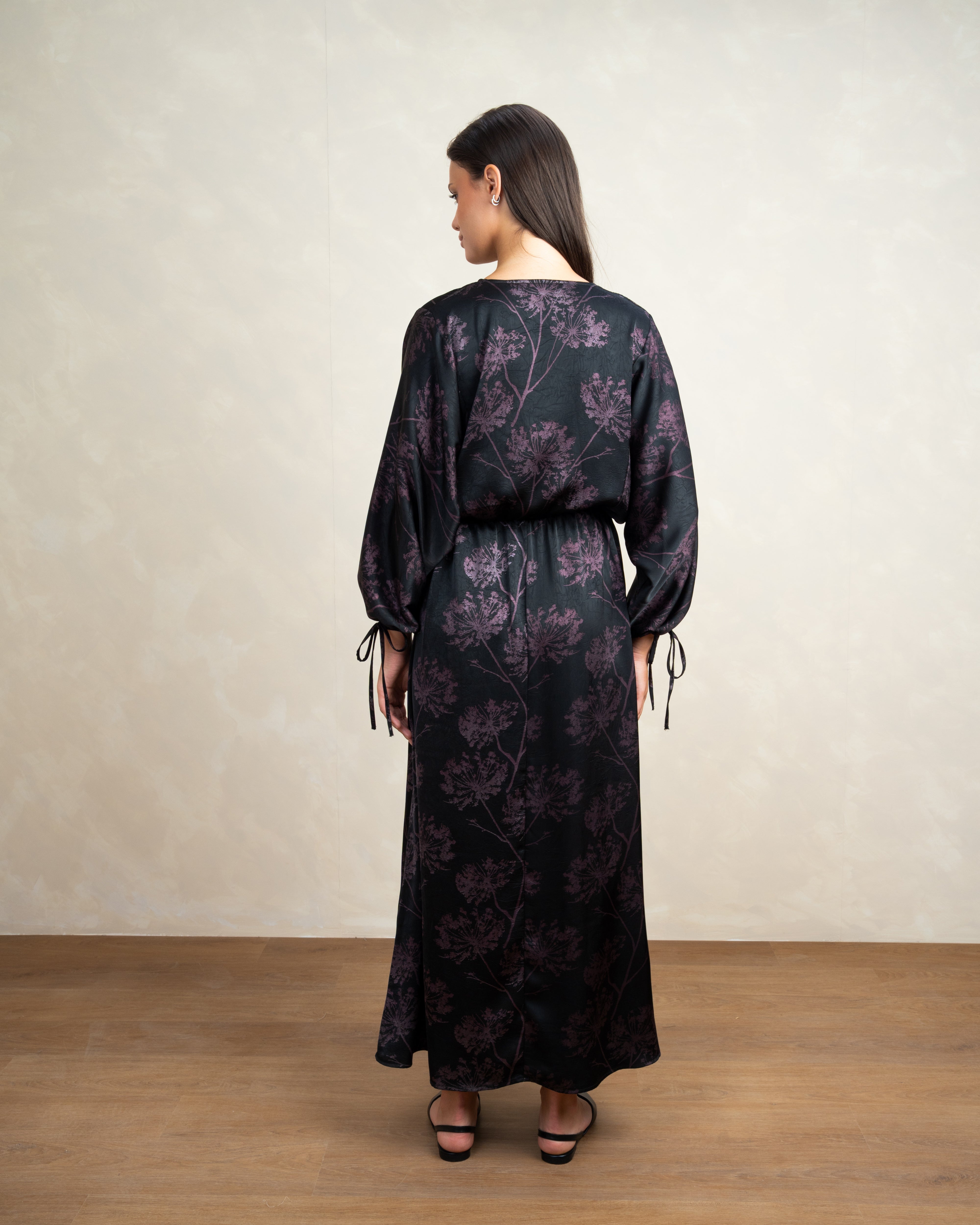 Floral Satin Dress With Tie Sleeves