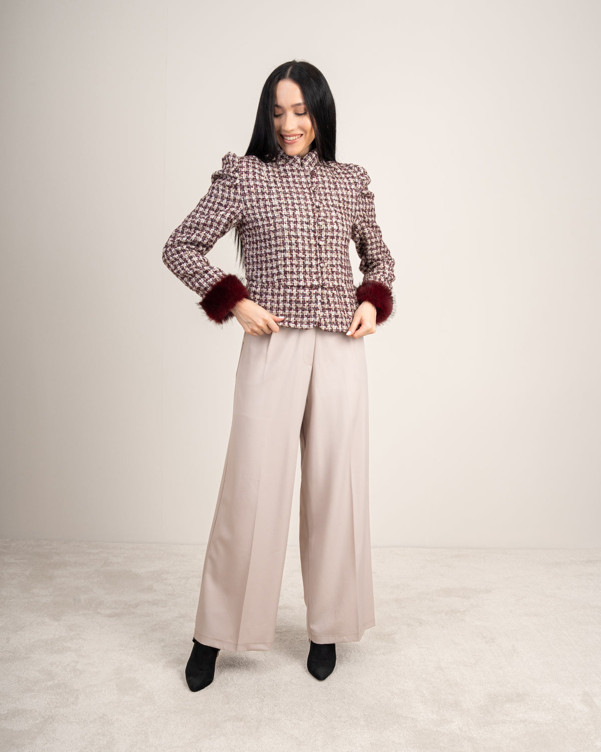 Cropped Jacket With - Fur Sleeves