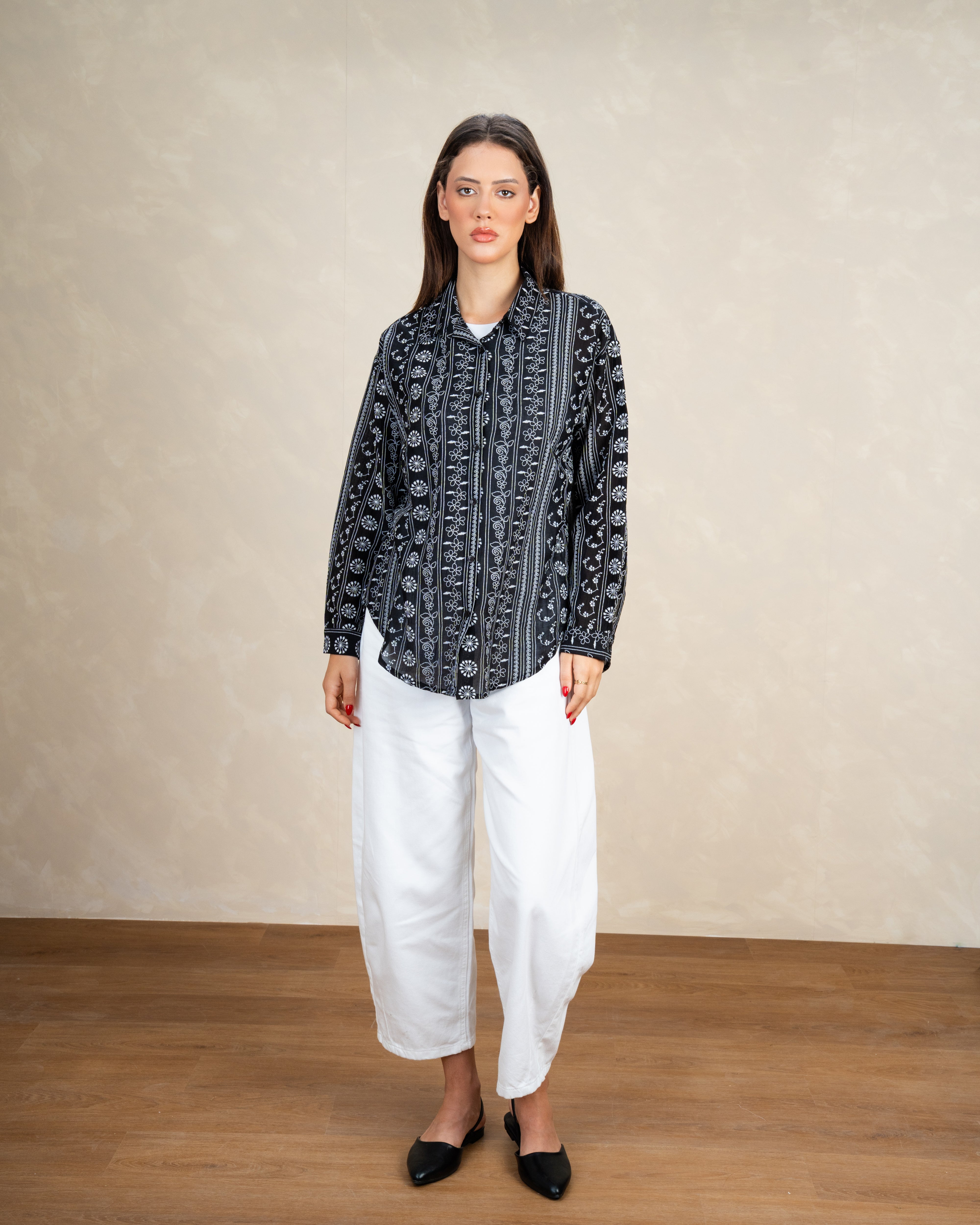 Vertical Floral Embroidery Shirt
