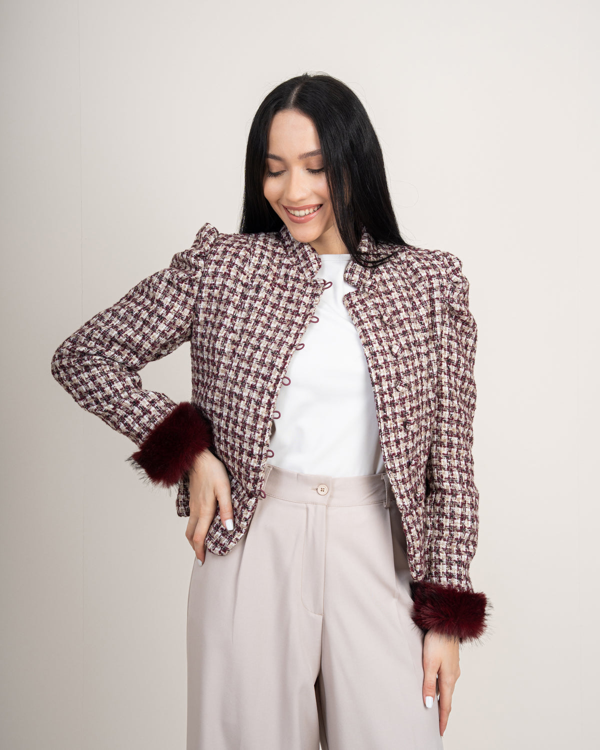 Cropped Jacket With - Fur Sleeves
