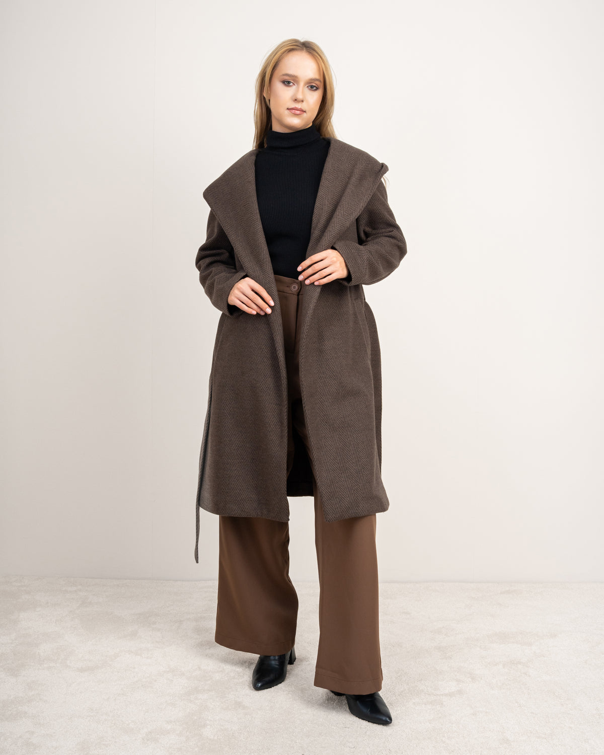 Patterned Wool Coat With Belt