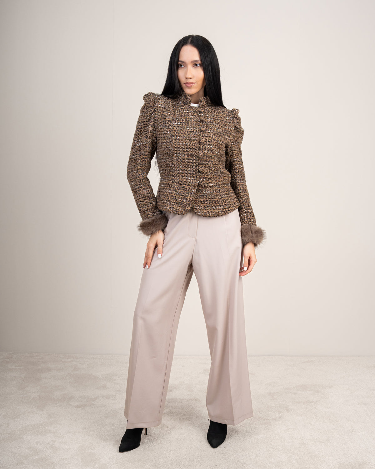 Cropped Jacket With - Fur Sleeves