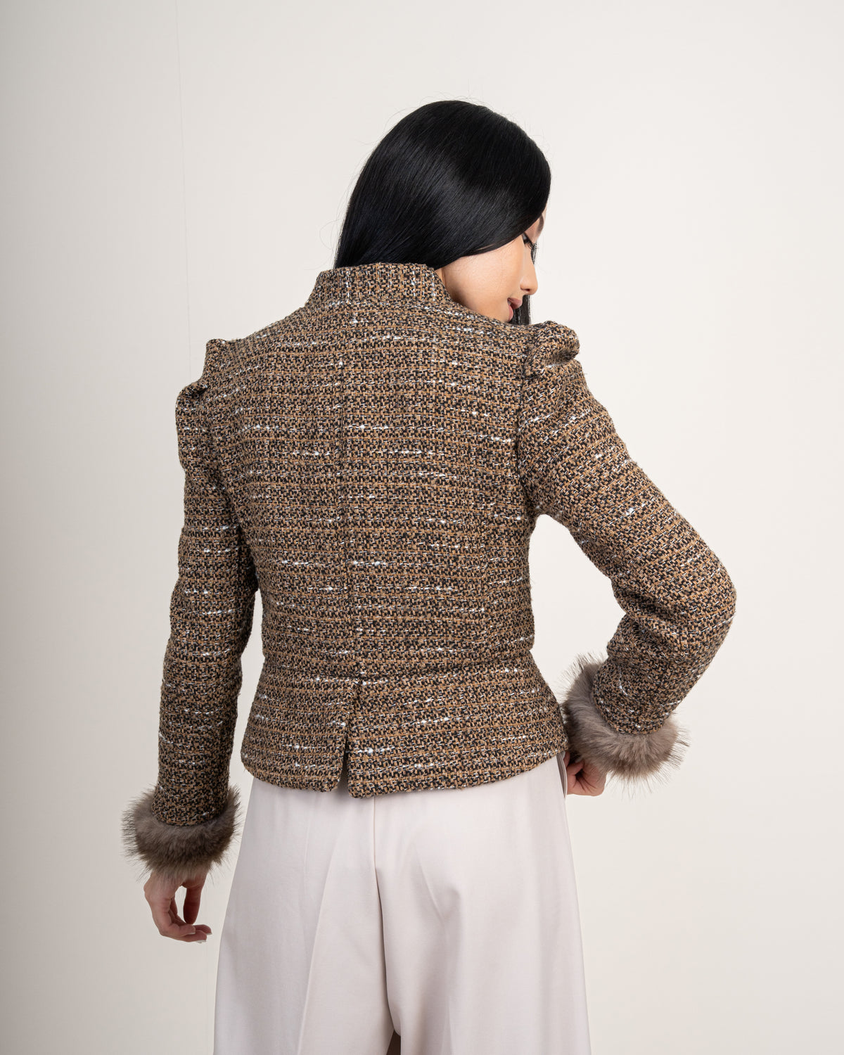 Cropped Jacket With - Fur Sleeves
