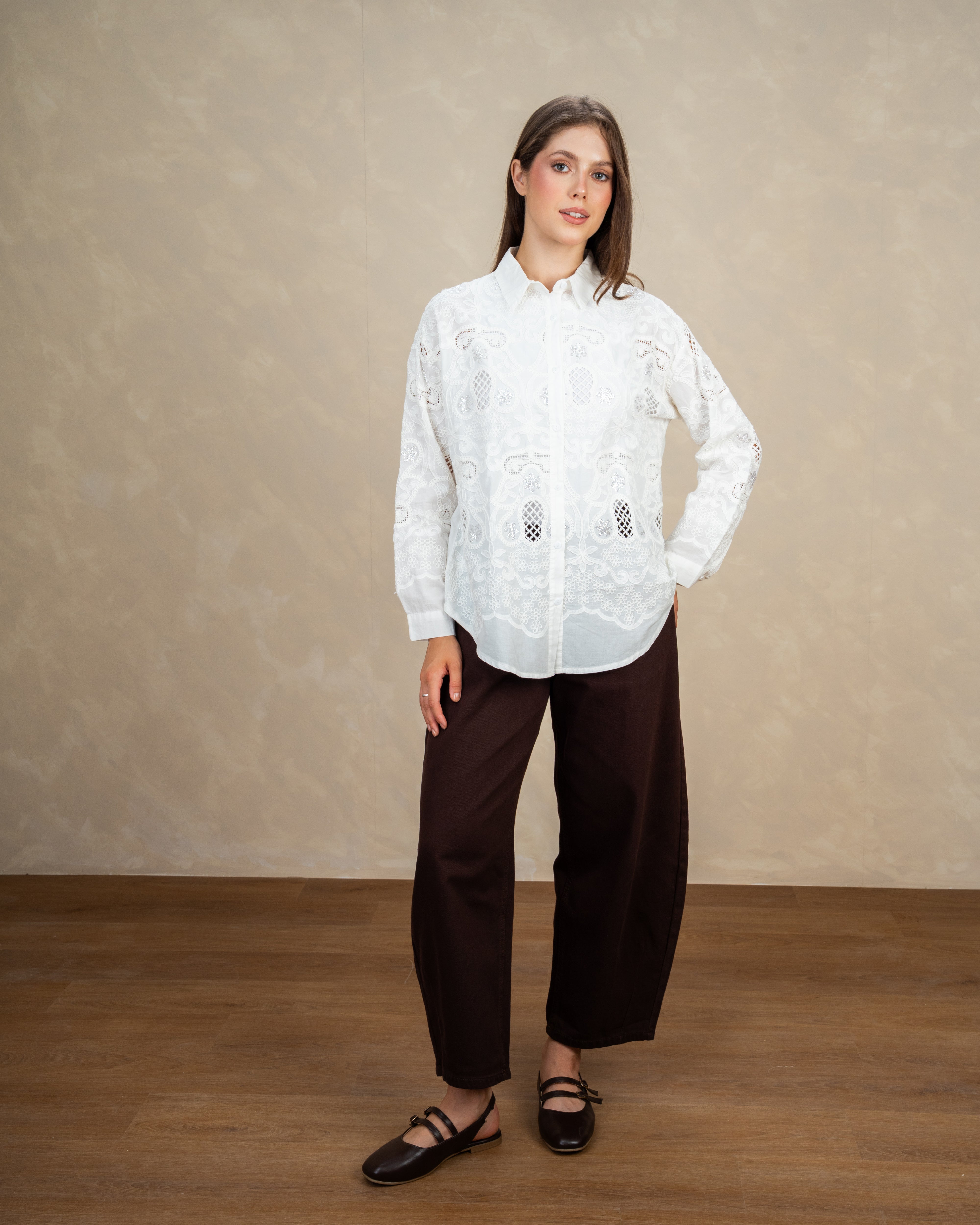 Lace Shirt With Floral Mesh Embroidery