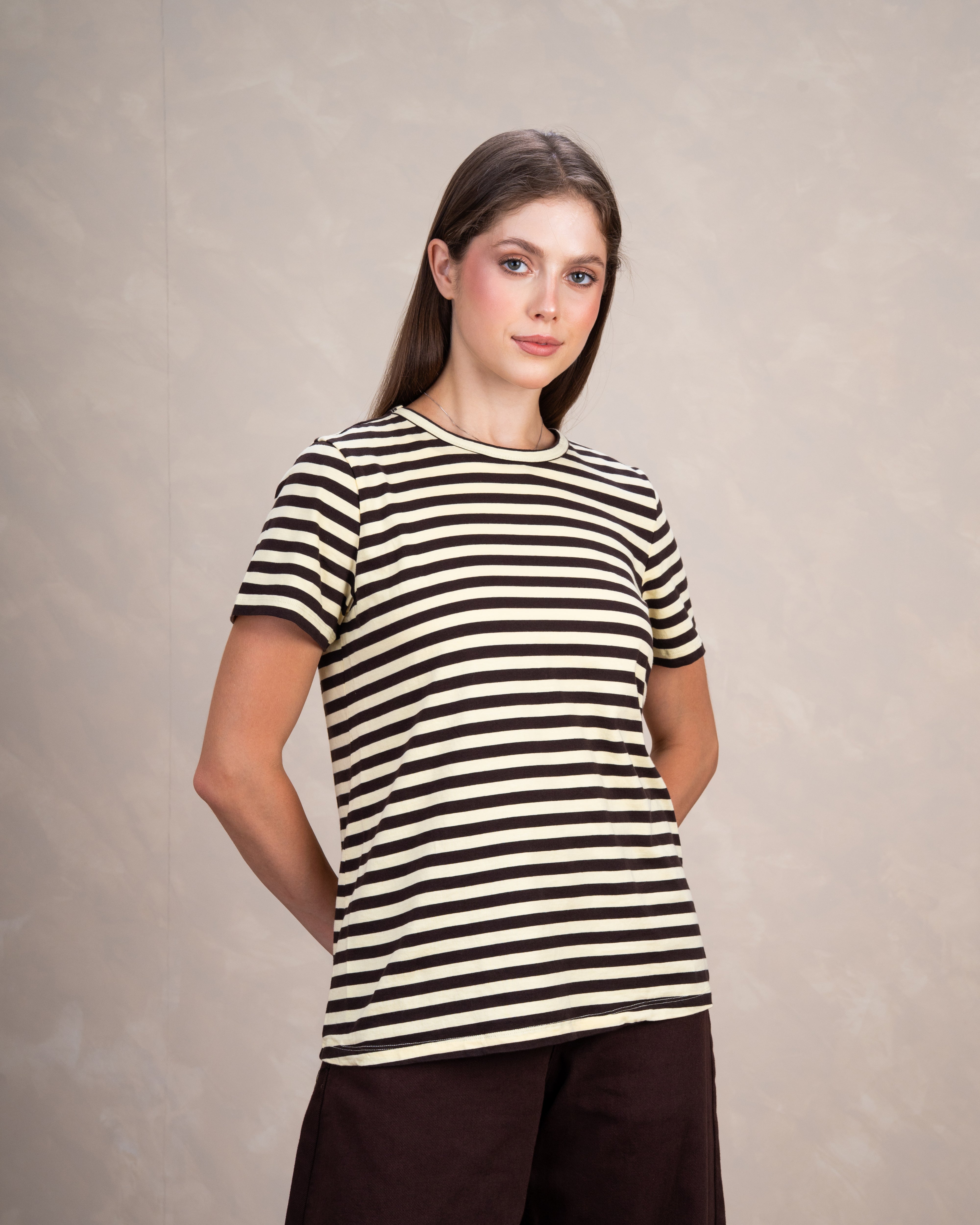 Short Colorful Shadow-Striped Basic Top