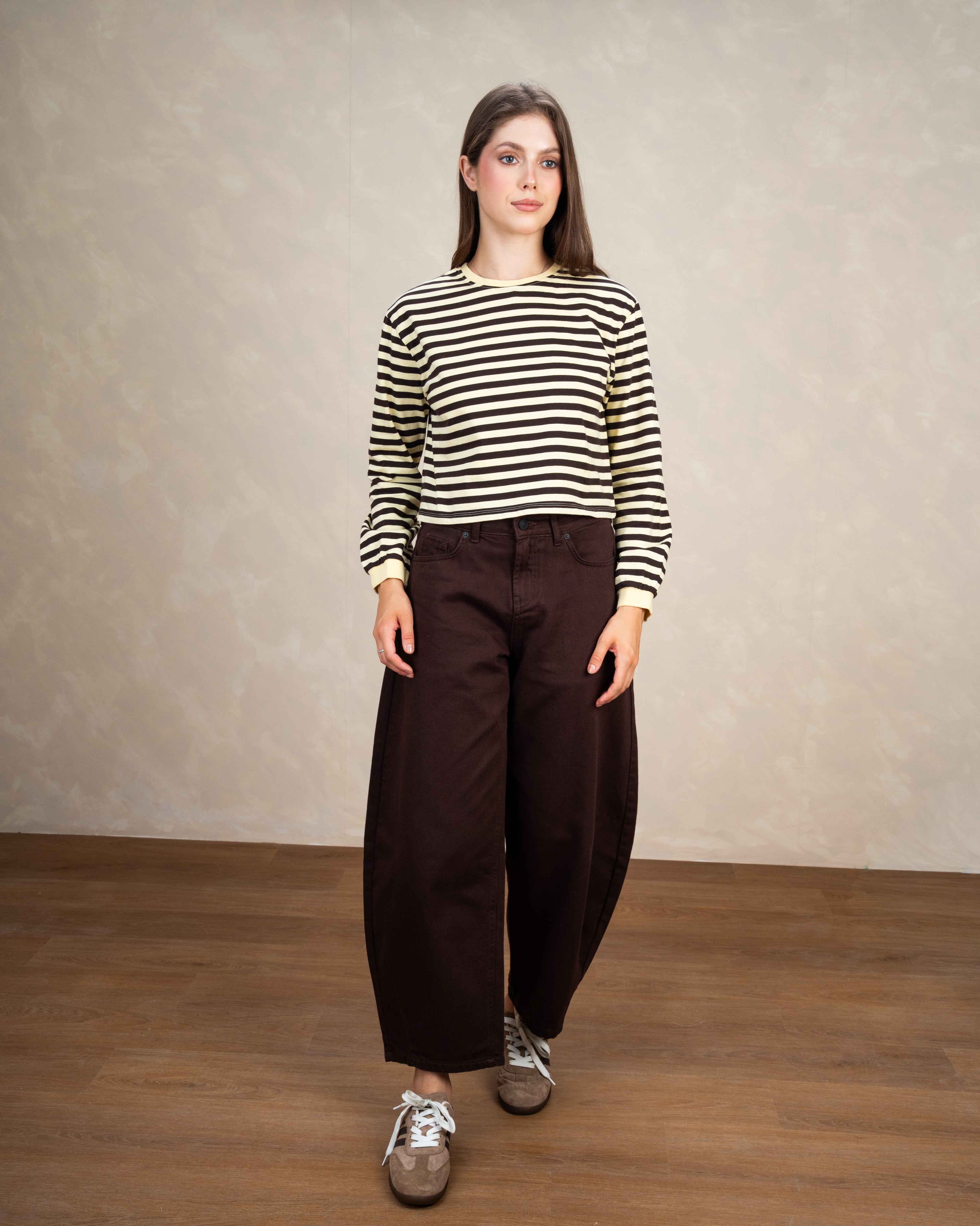 Colorful Striped Basic Top With Elastic Sleeves