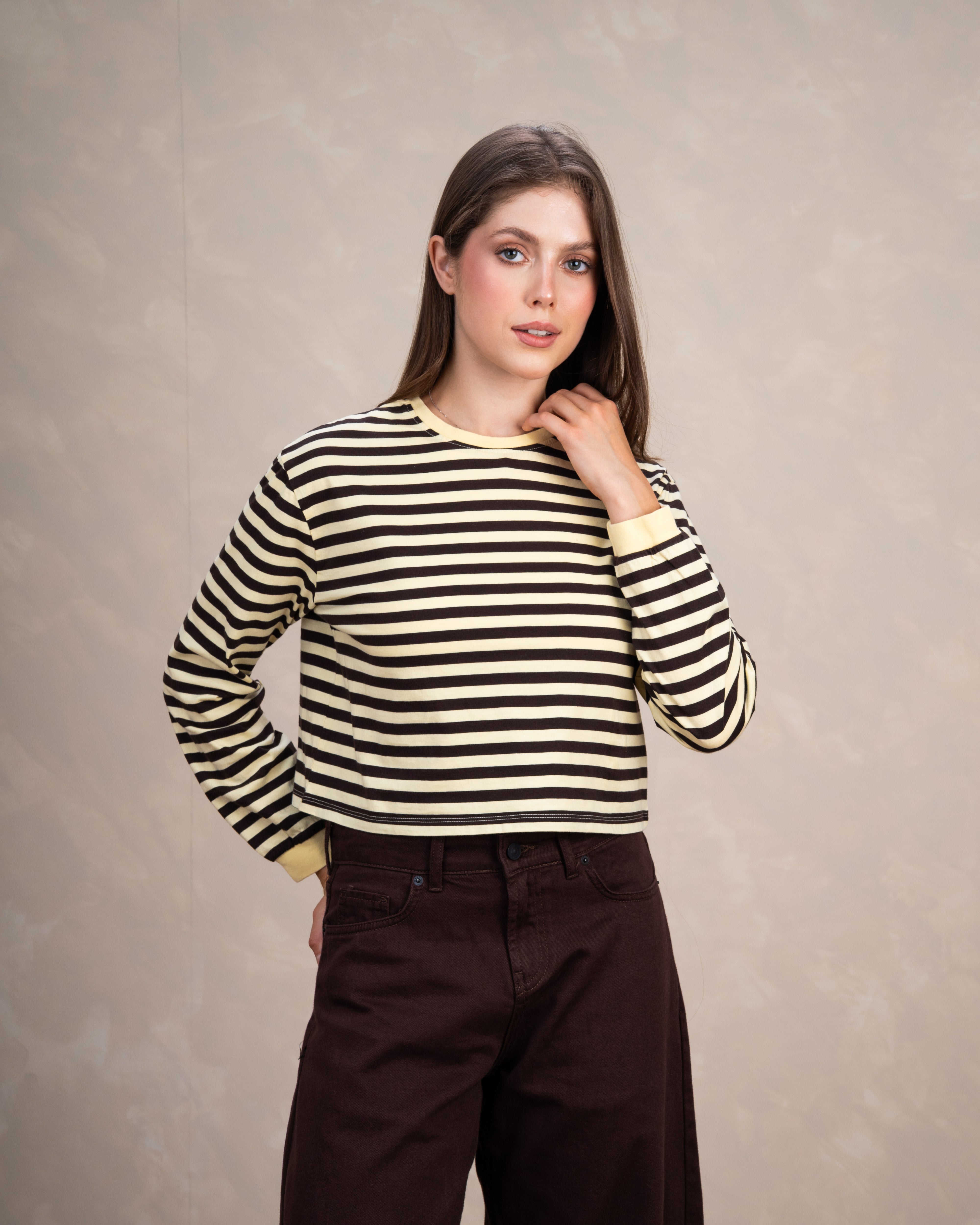 Colorful Striped Basic Top With Elastic Sleeves