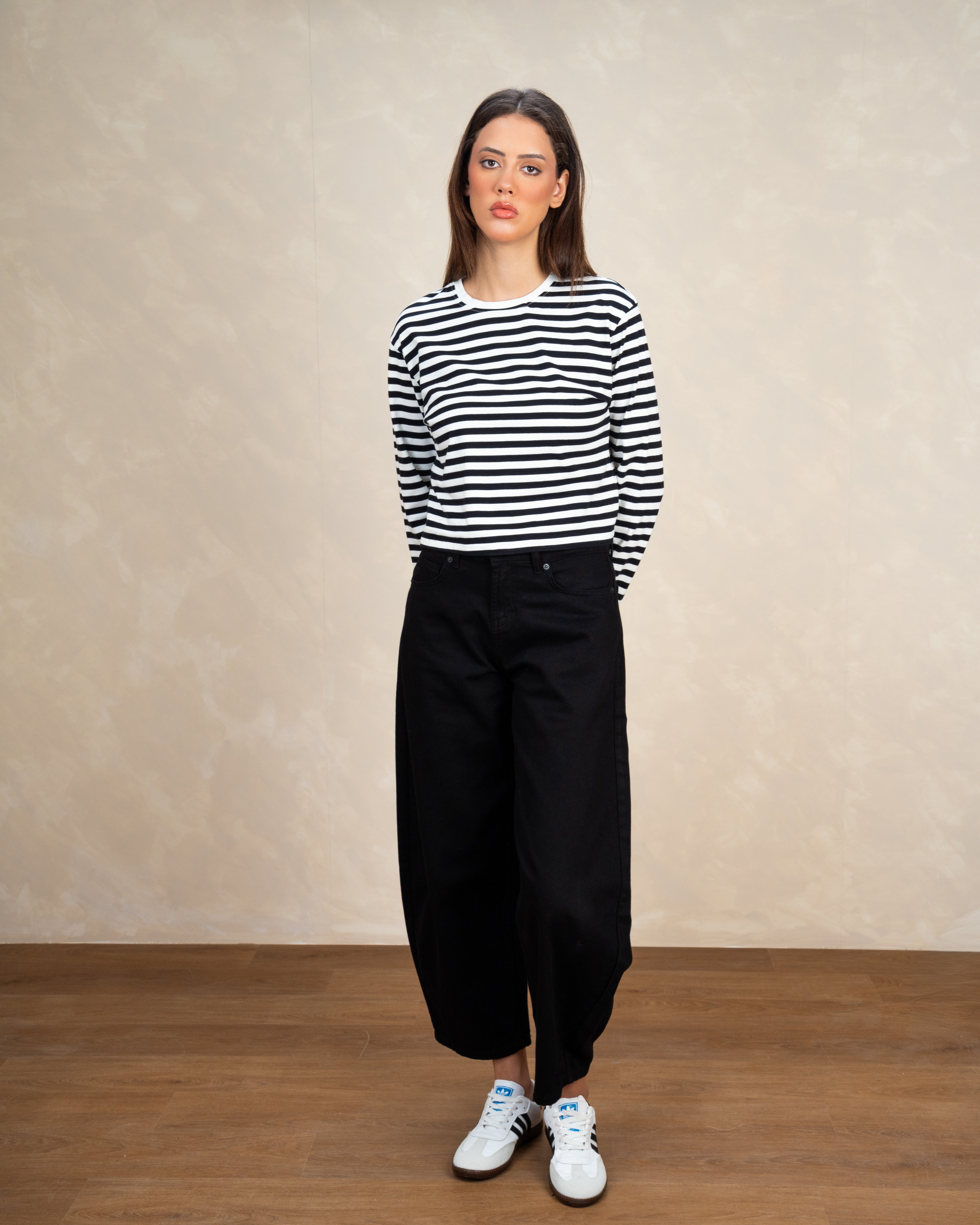 Colorful Striped Basic Top With Elastic Sleeves