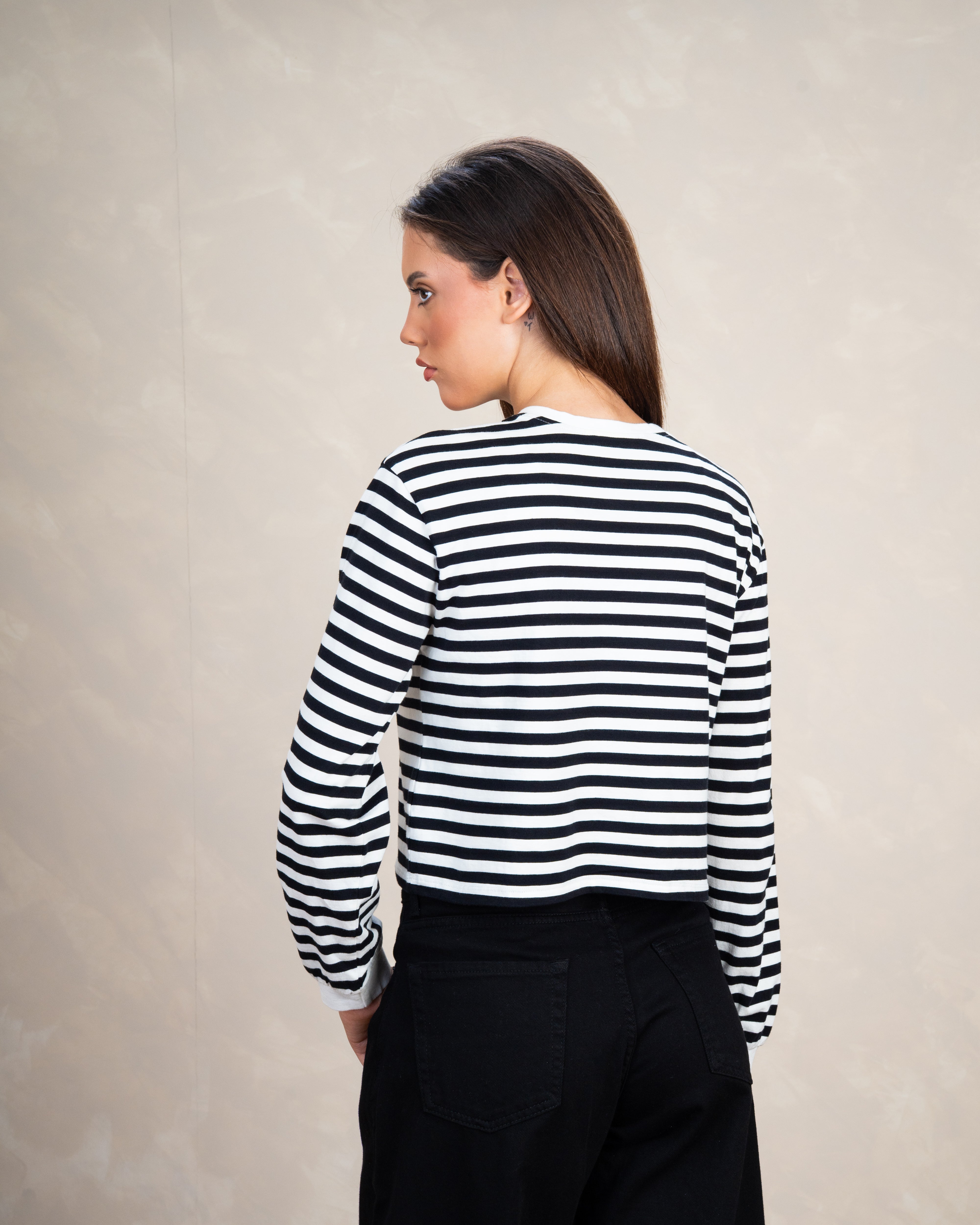 Colorful Striped Basic Top With Elastic Sleeves