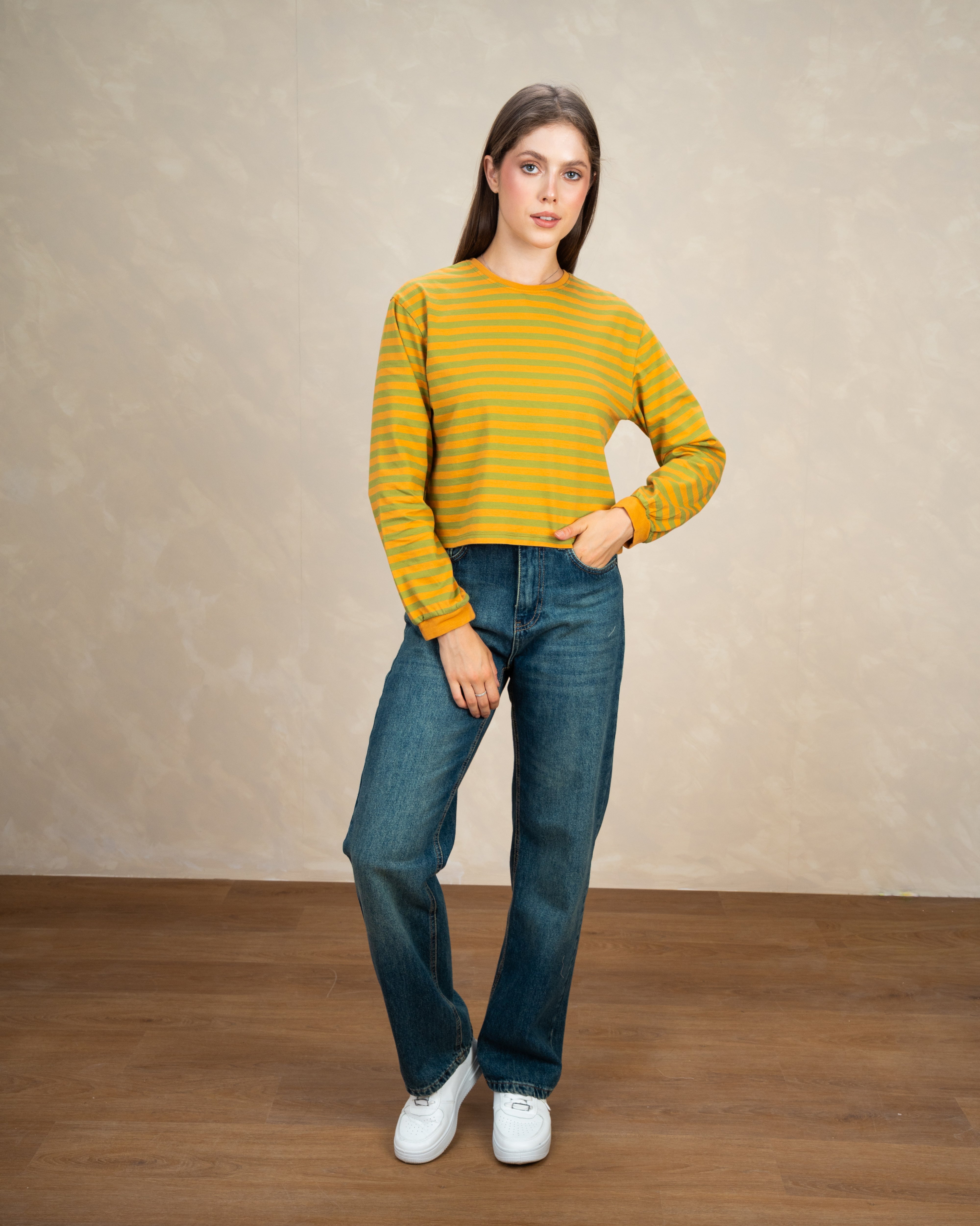 Colorful Striped Basic Top With Elastic Sleeves