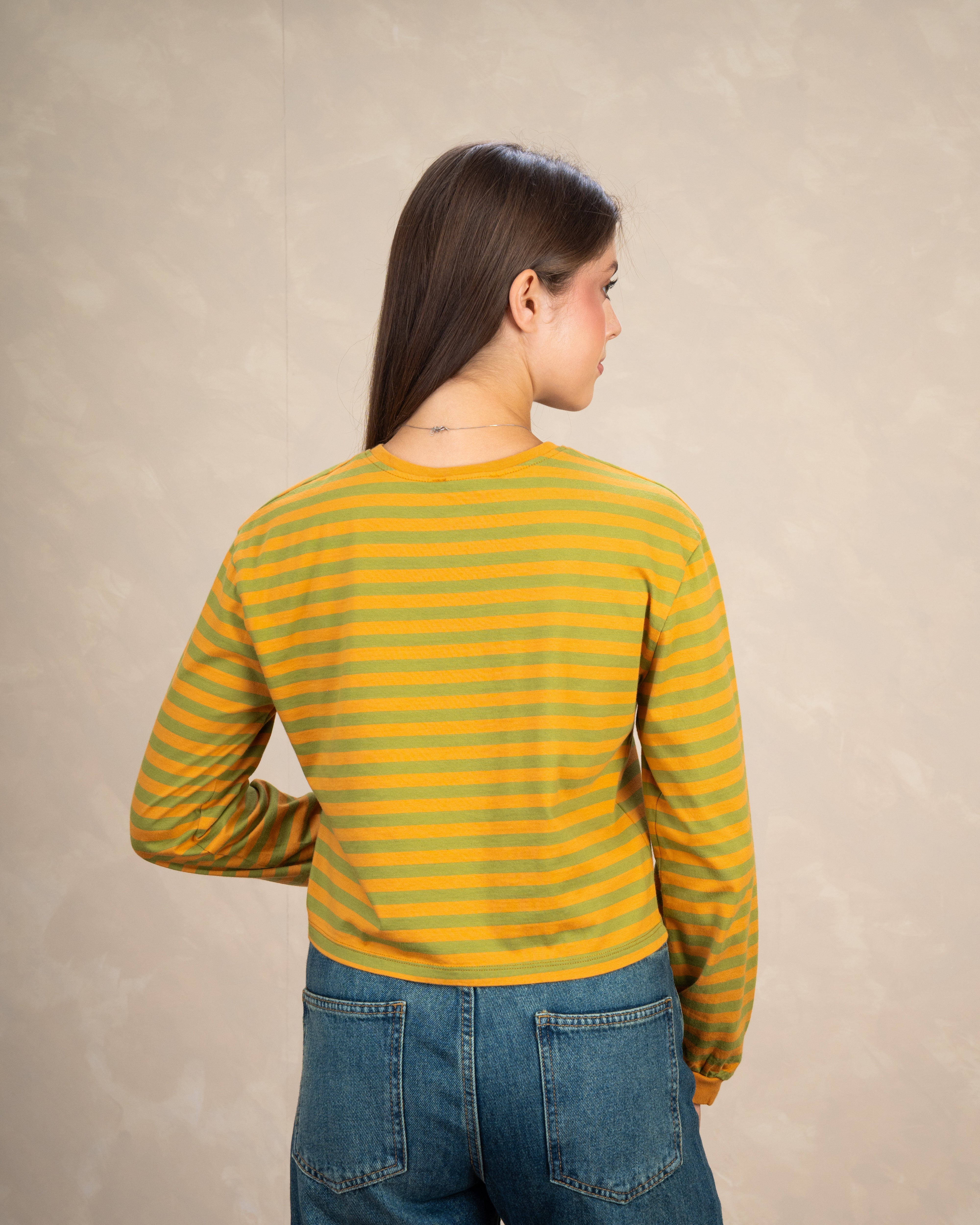 Colorful Striped Basic Top With Elastic Sleeves