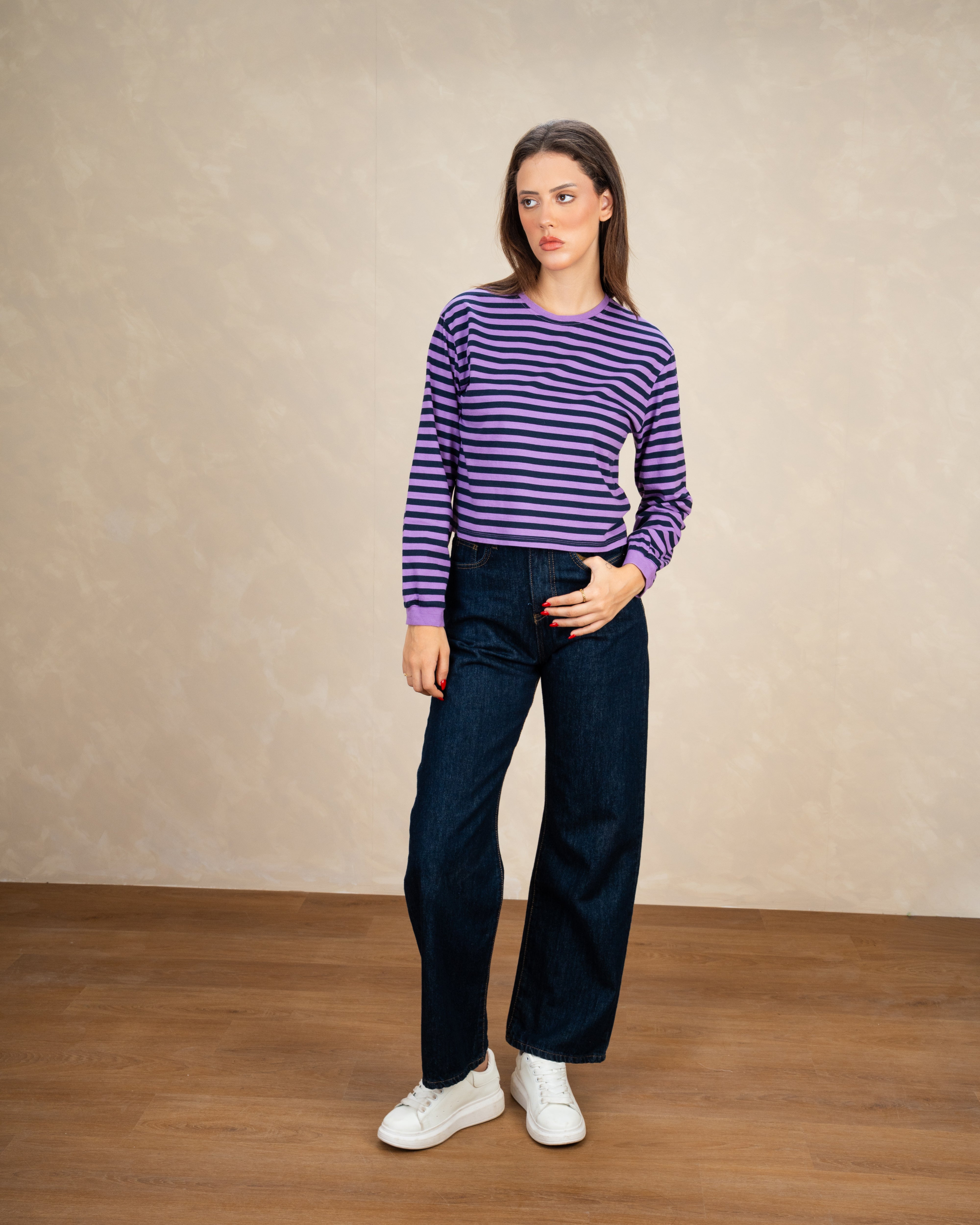 Colorful Striped Basic Top With Elastic Sleeves