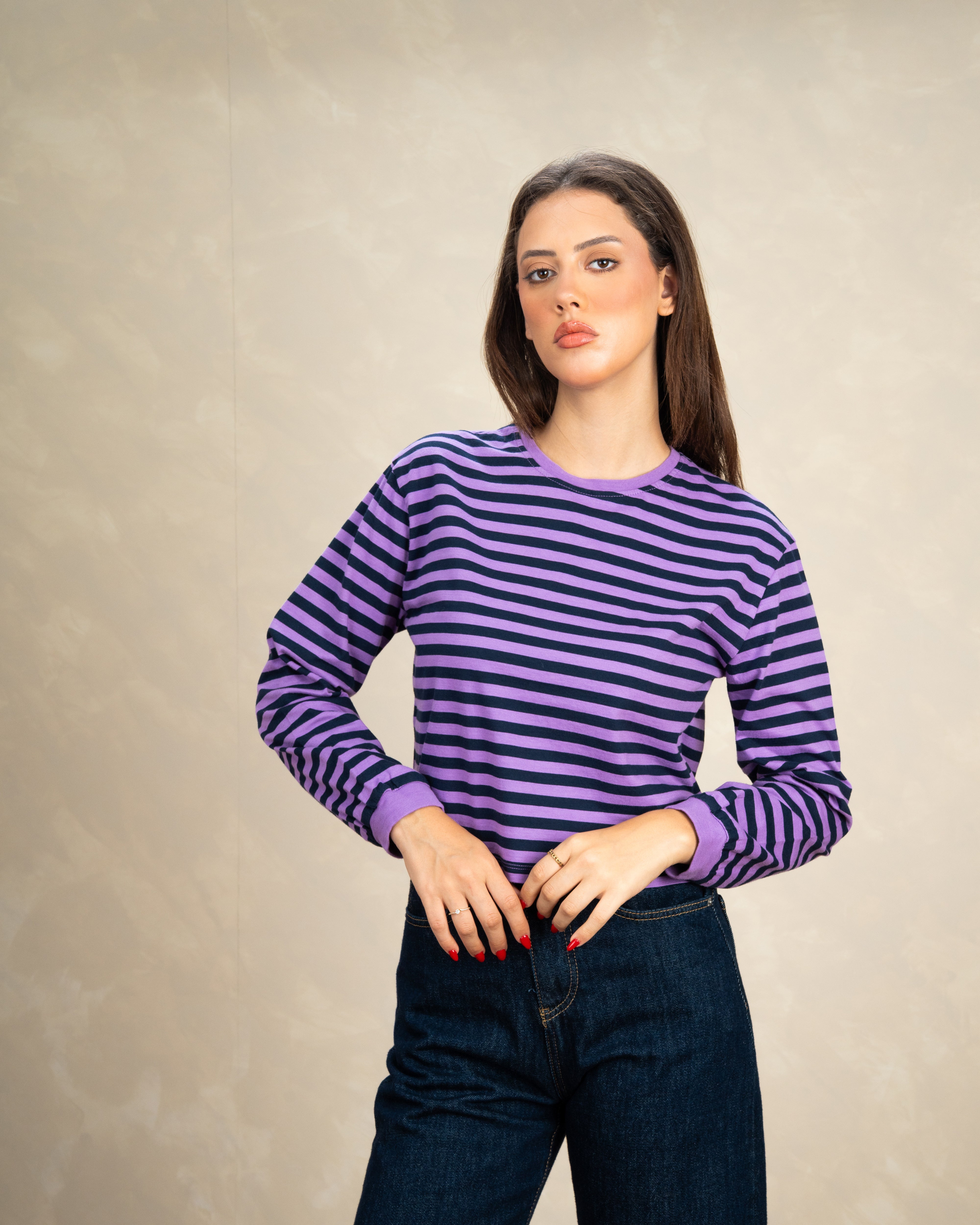 Colorful Striped Basic Top With Elastic Sleeves
