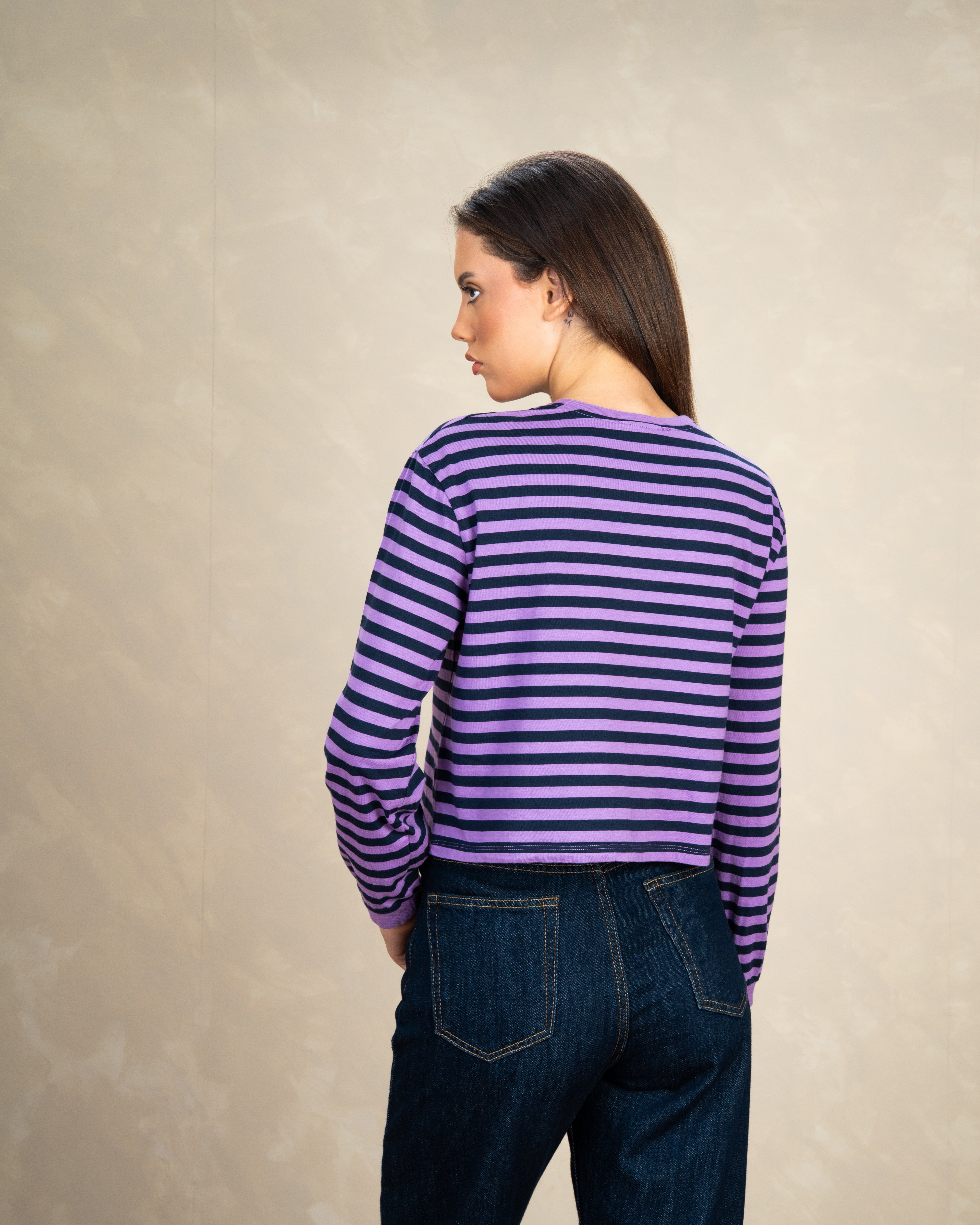 Colorful Striped Basic Top With Elastic Sleeves
