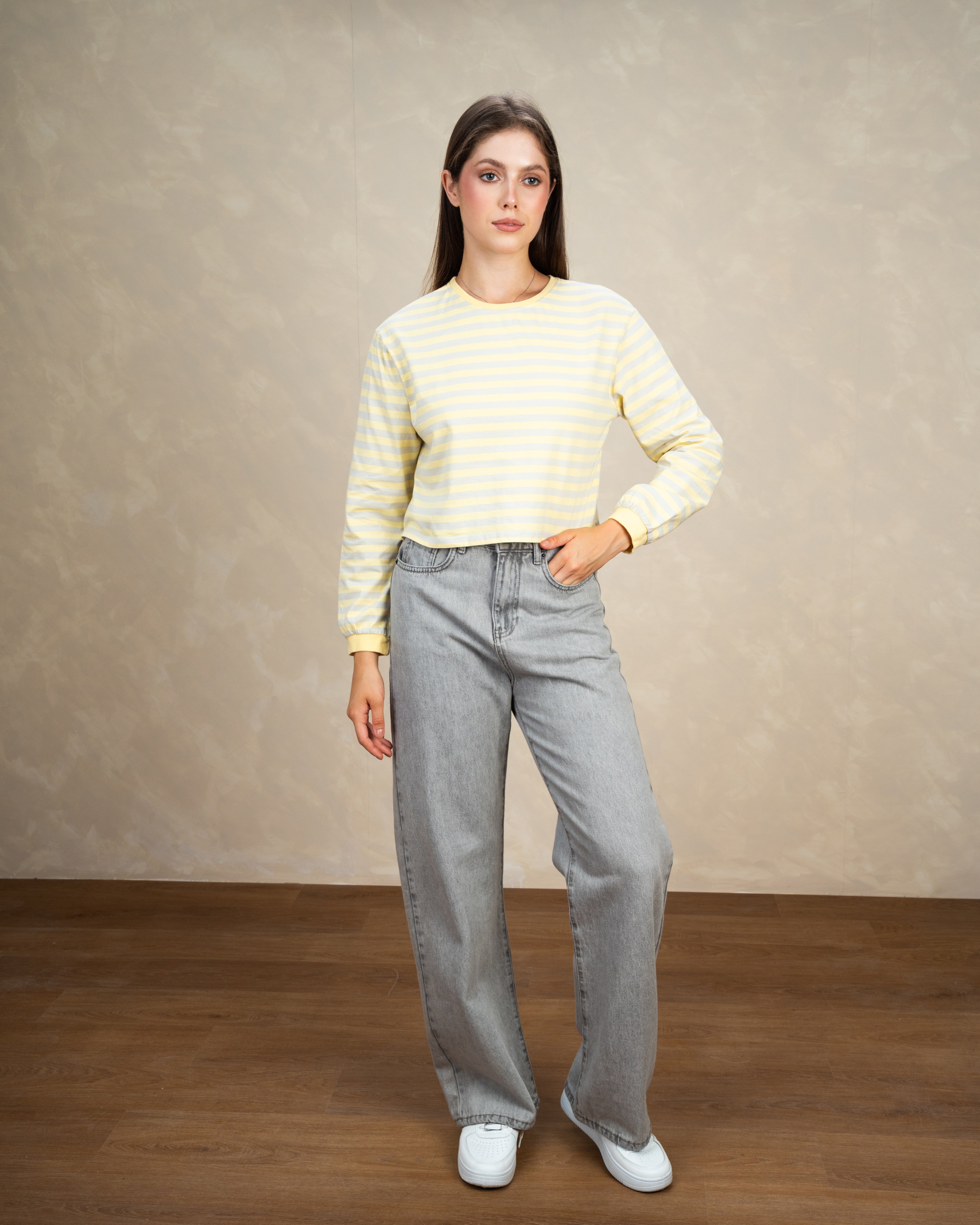 Colorful Striped Basic Top With Elastic Sleeves