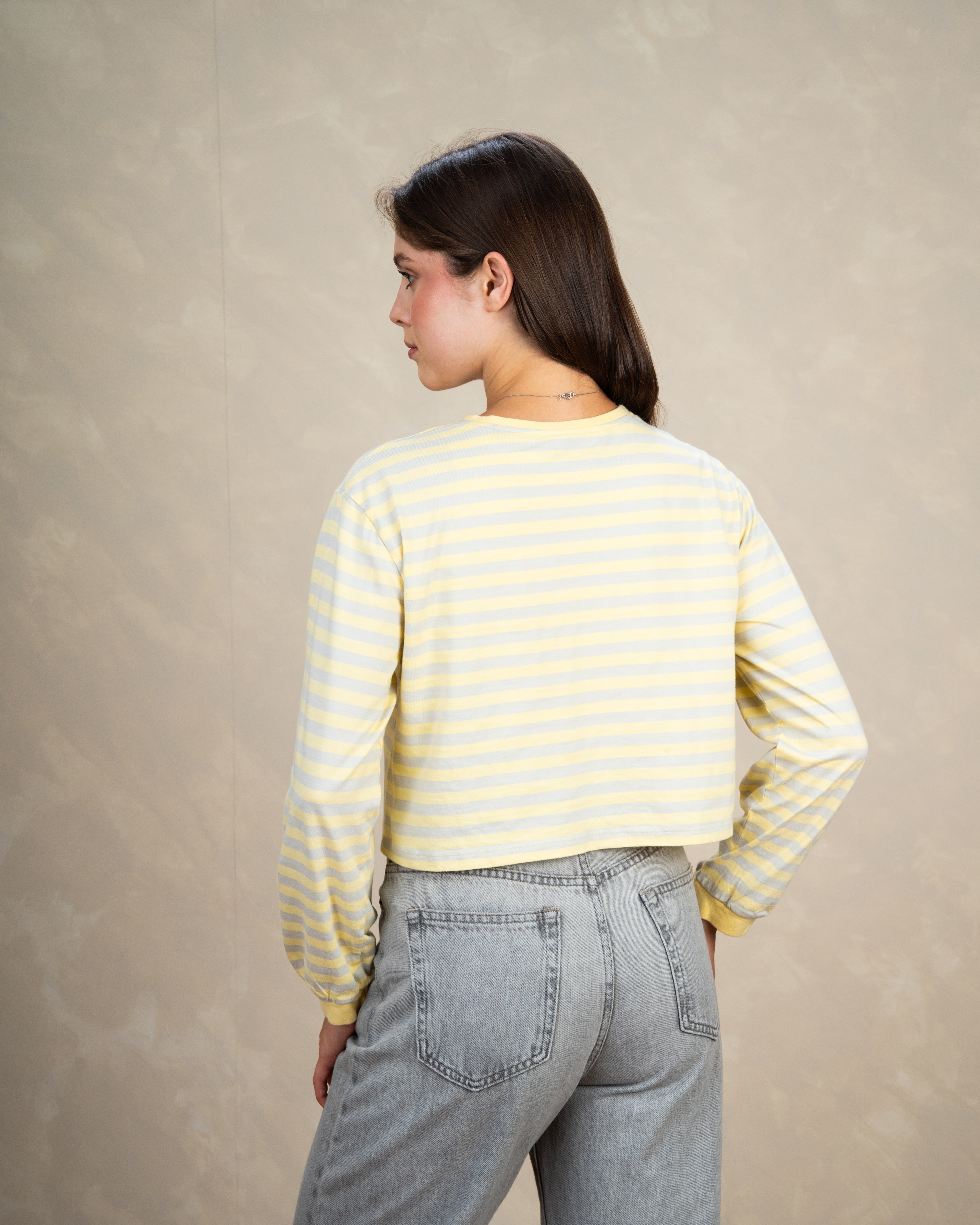 Colorful Striped Basic Top With Elastic Sleeves