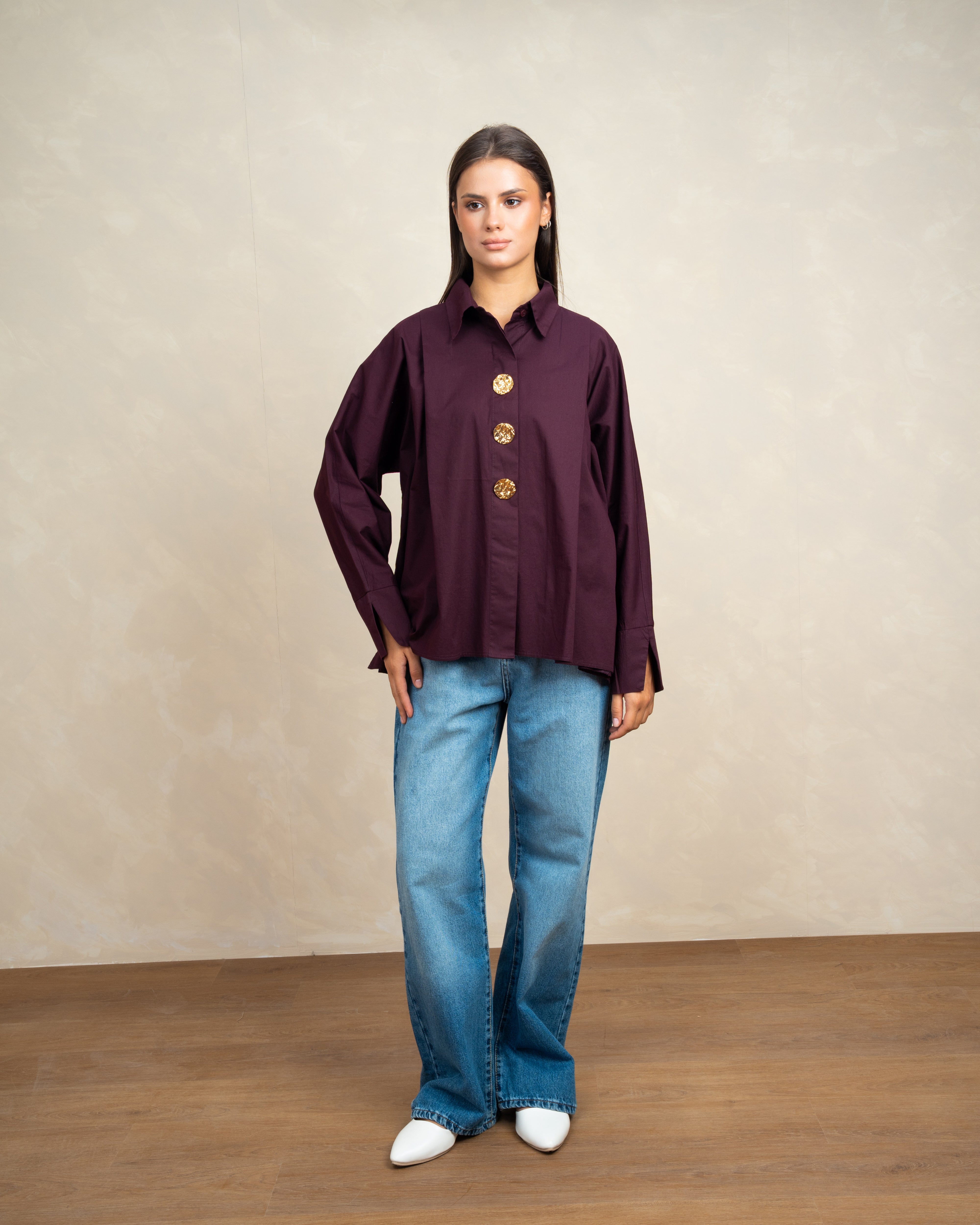 Plain Poplin Shirt With Gold Buttons