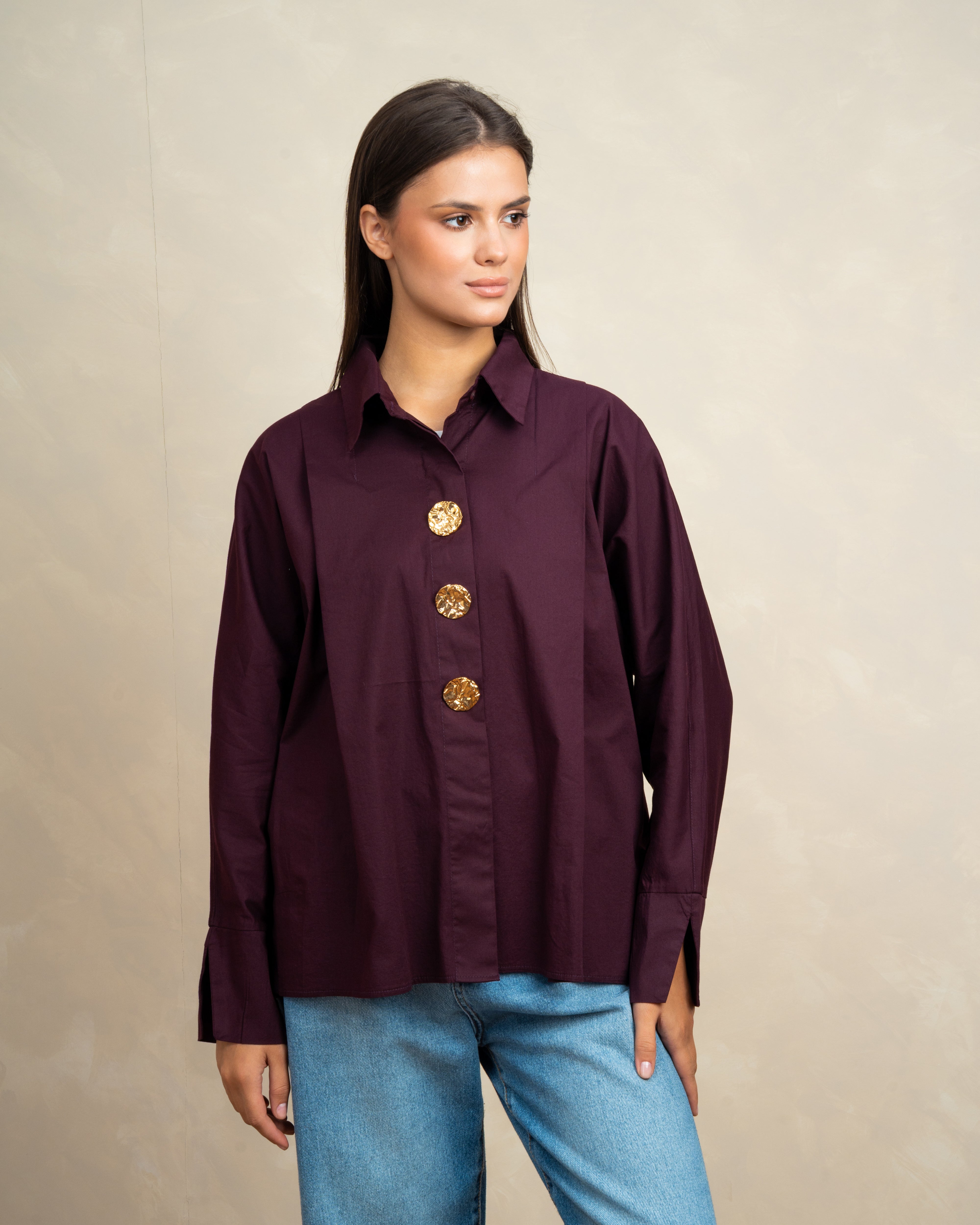 Plain Poplin Shirt With Gold Buttons