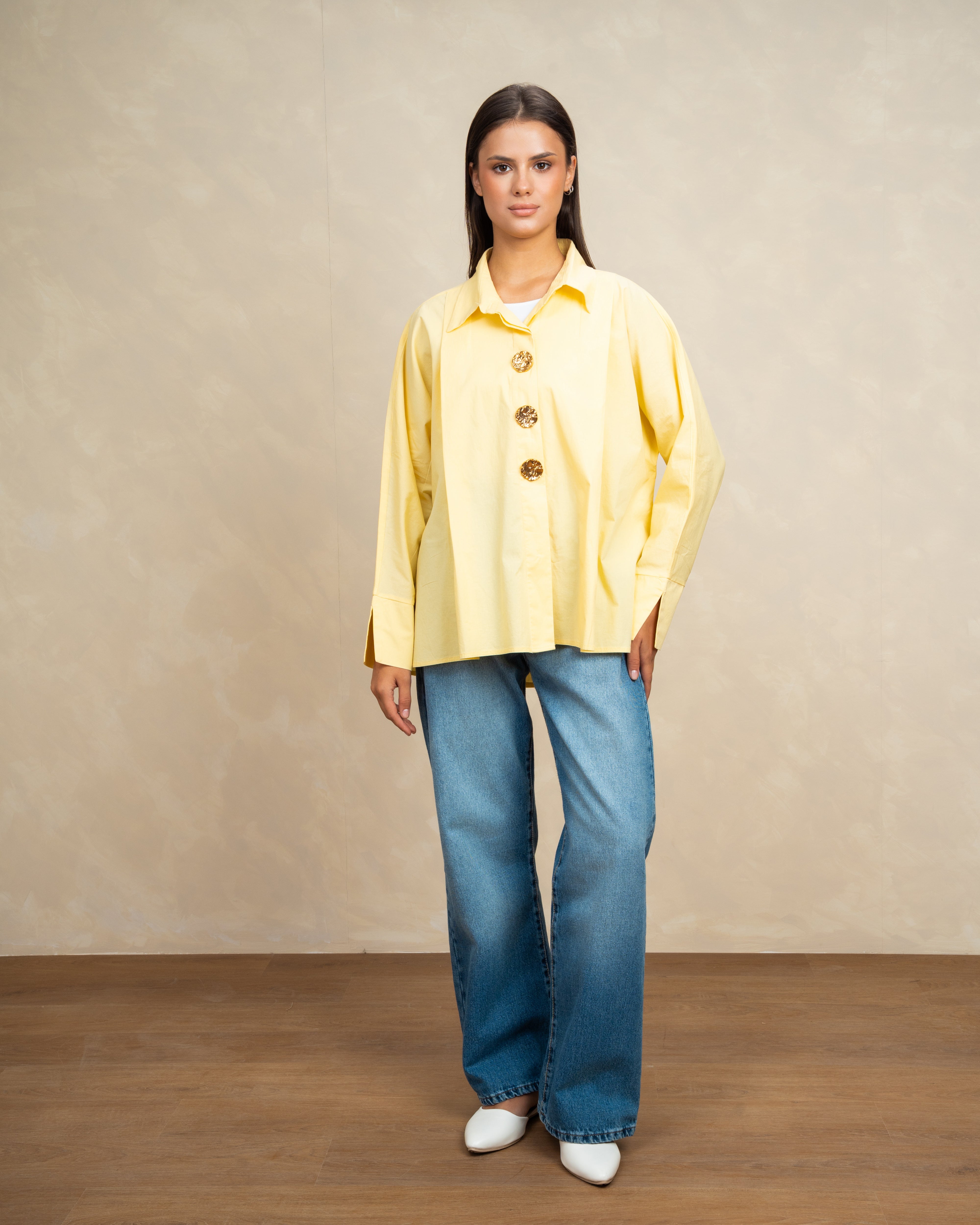 Plain Poplin Shirt With Gold Buttons