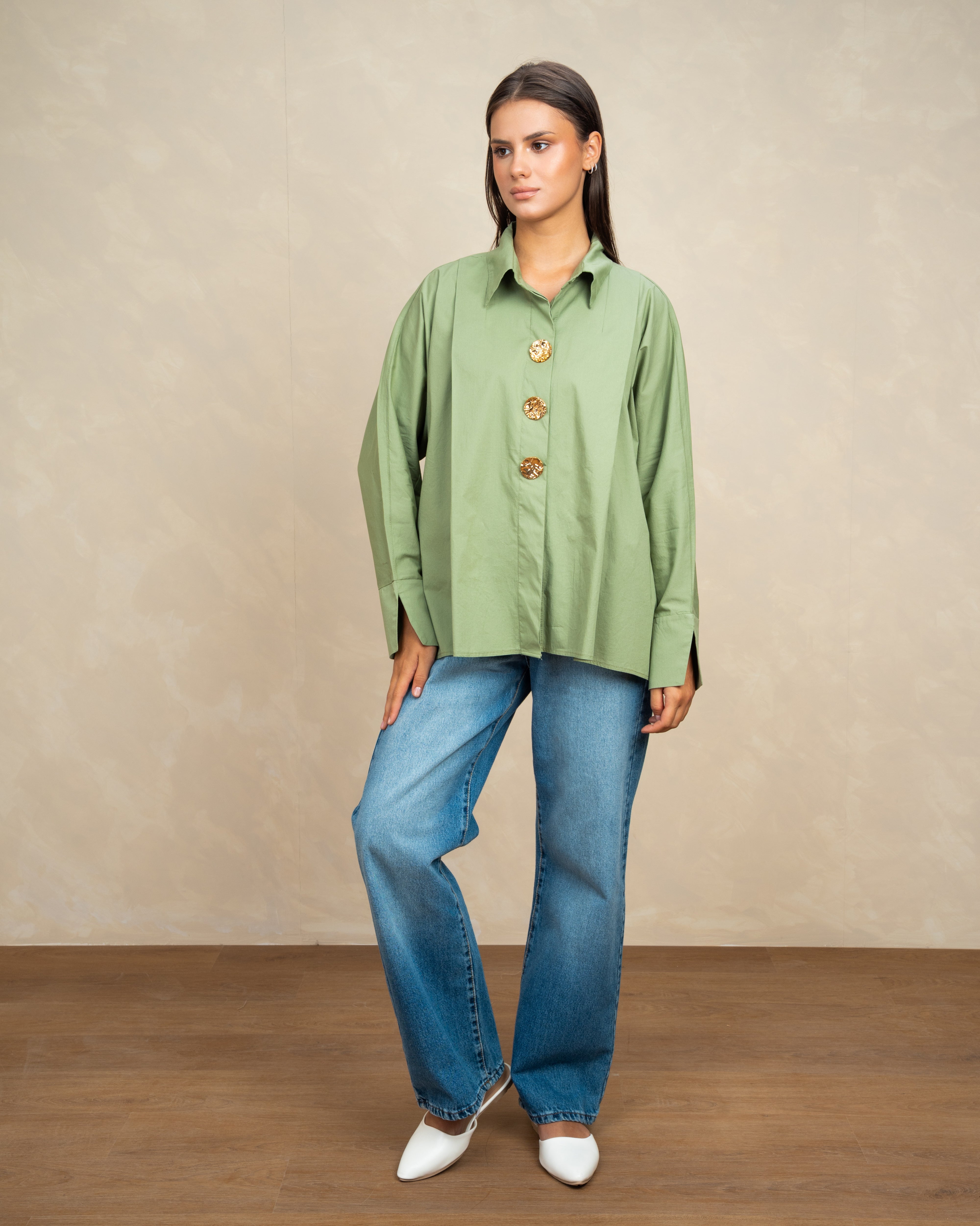 Plain Poplin Shirt With Gold Buttons