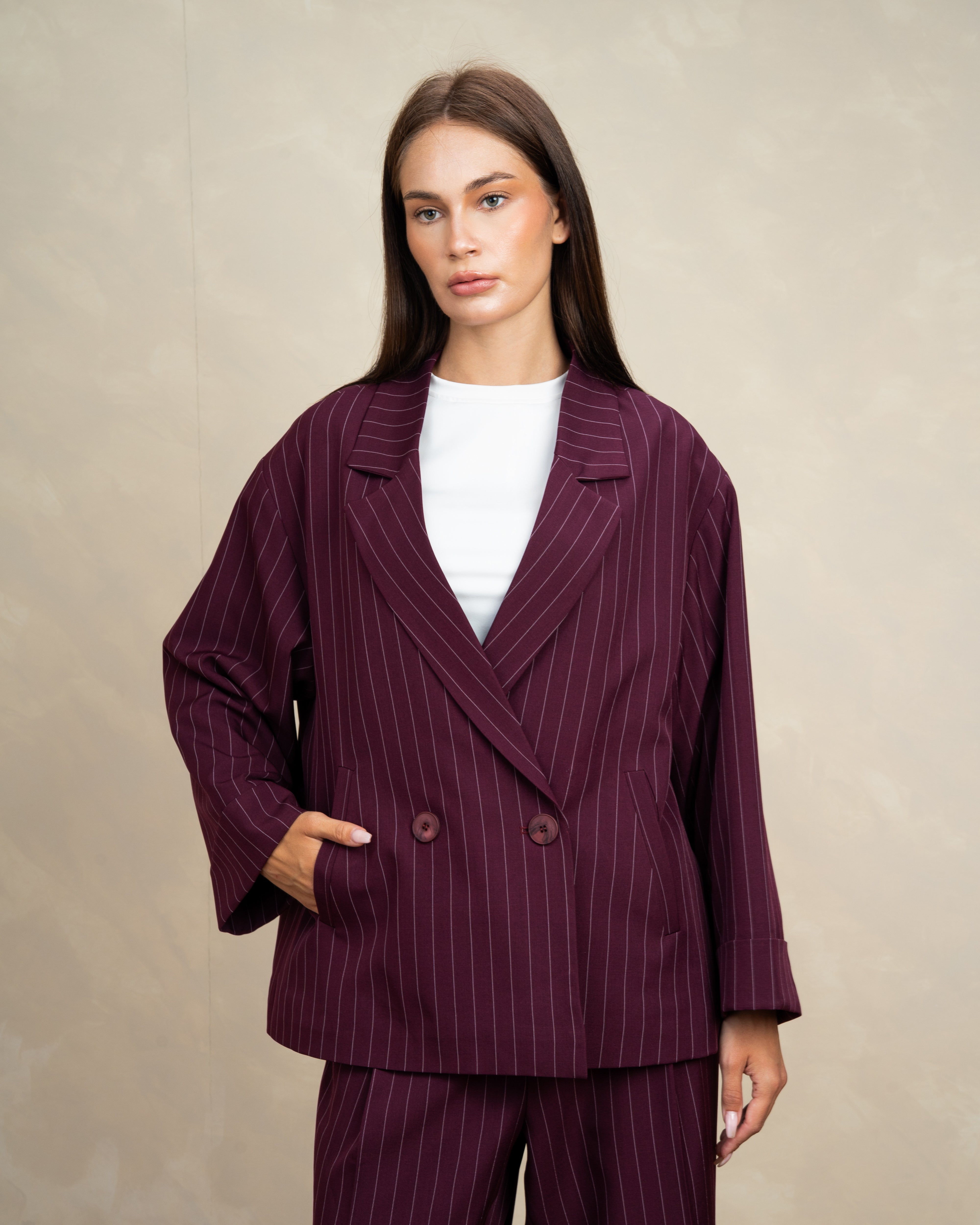 Long Striped Classic Blazer - With Rolled Sleeves