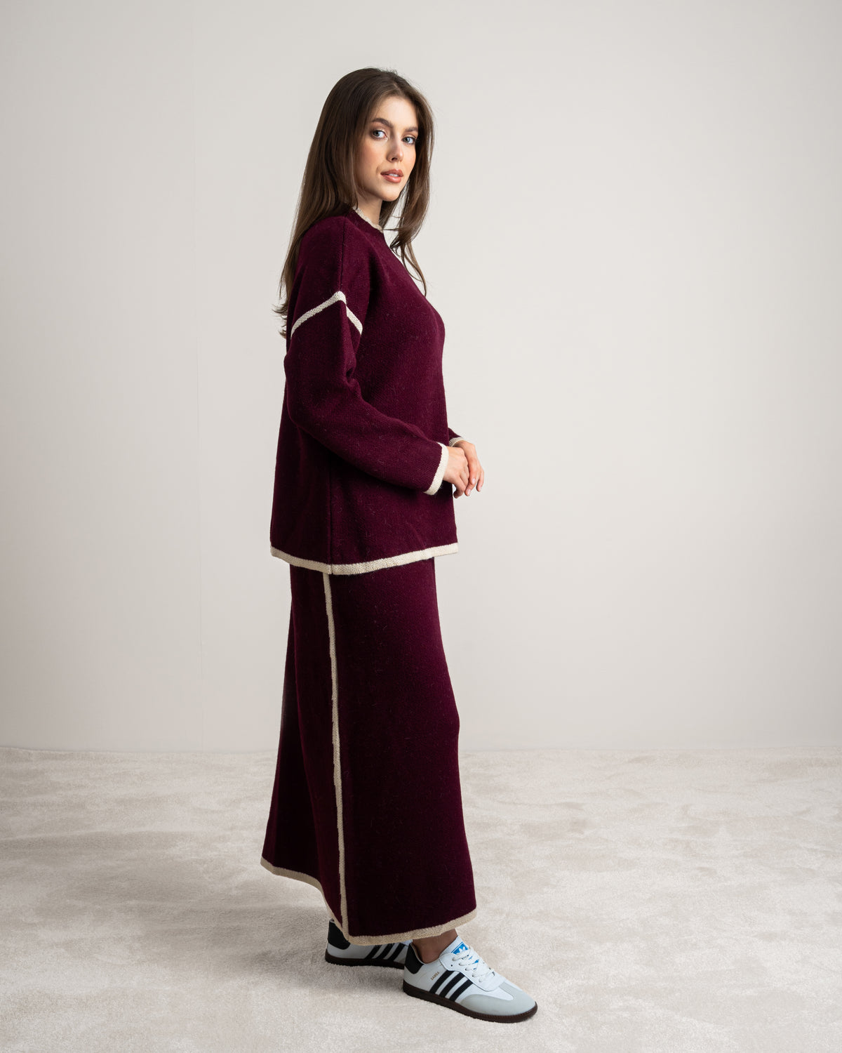 Plain Knitwear Suit - With Contrast Stripe