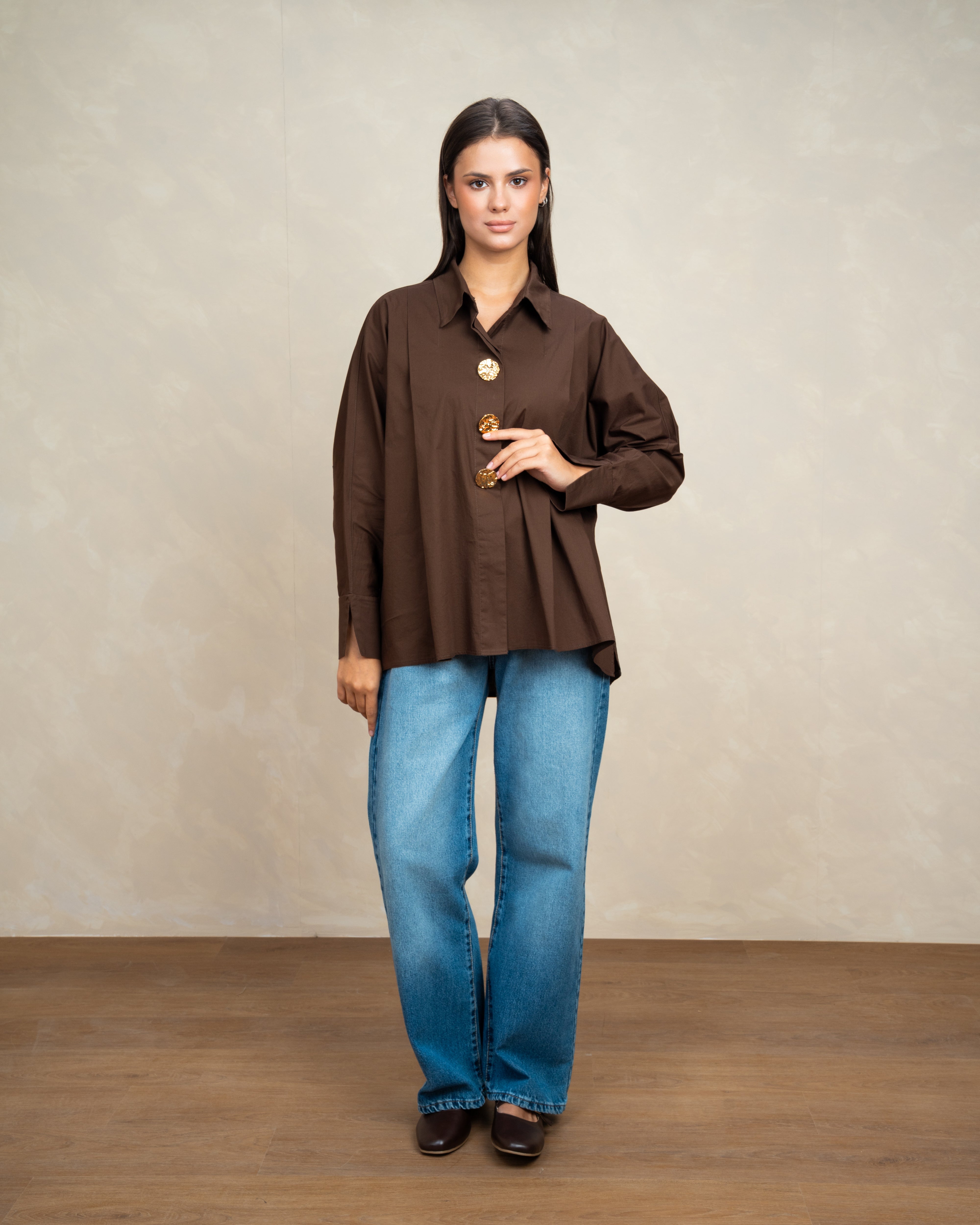 Plain Poplin Shirt With Gold Buttons