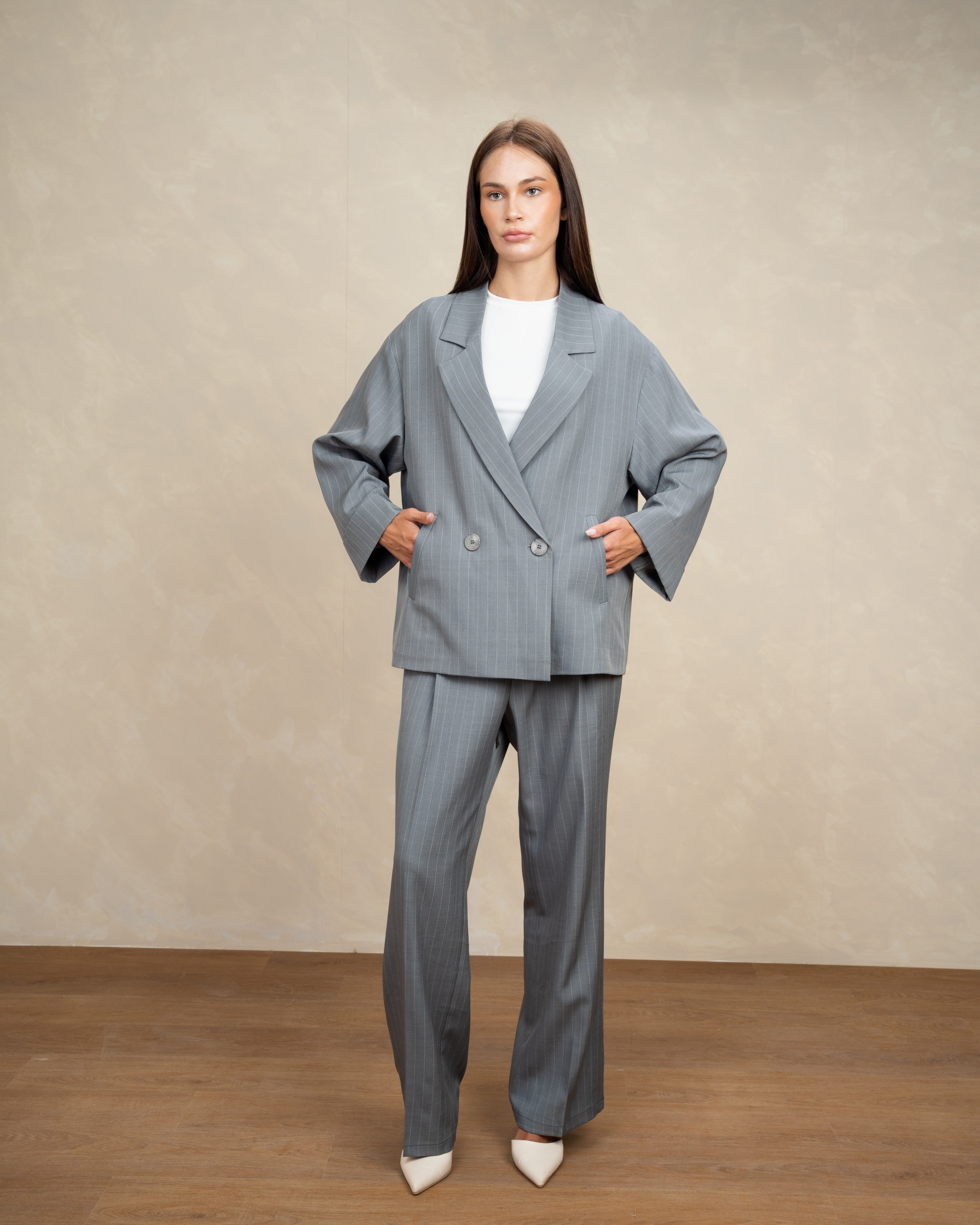 Long Striped Classic Blazer - With Rolled Sleeves