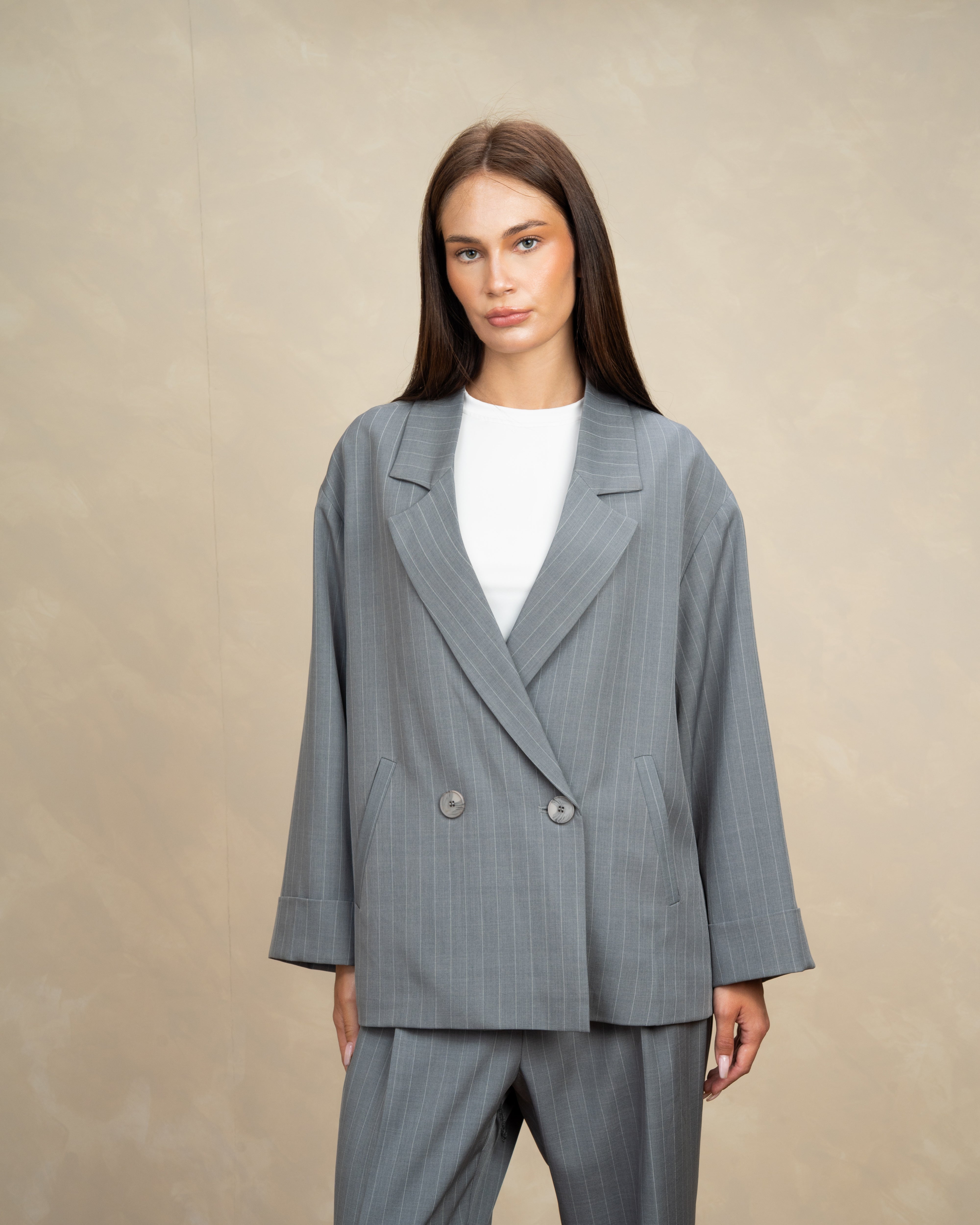 Long Striped Classic Blazer - With Rolled Sleeves
