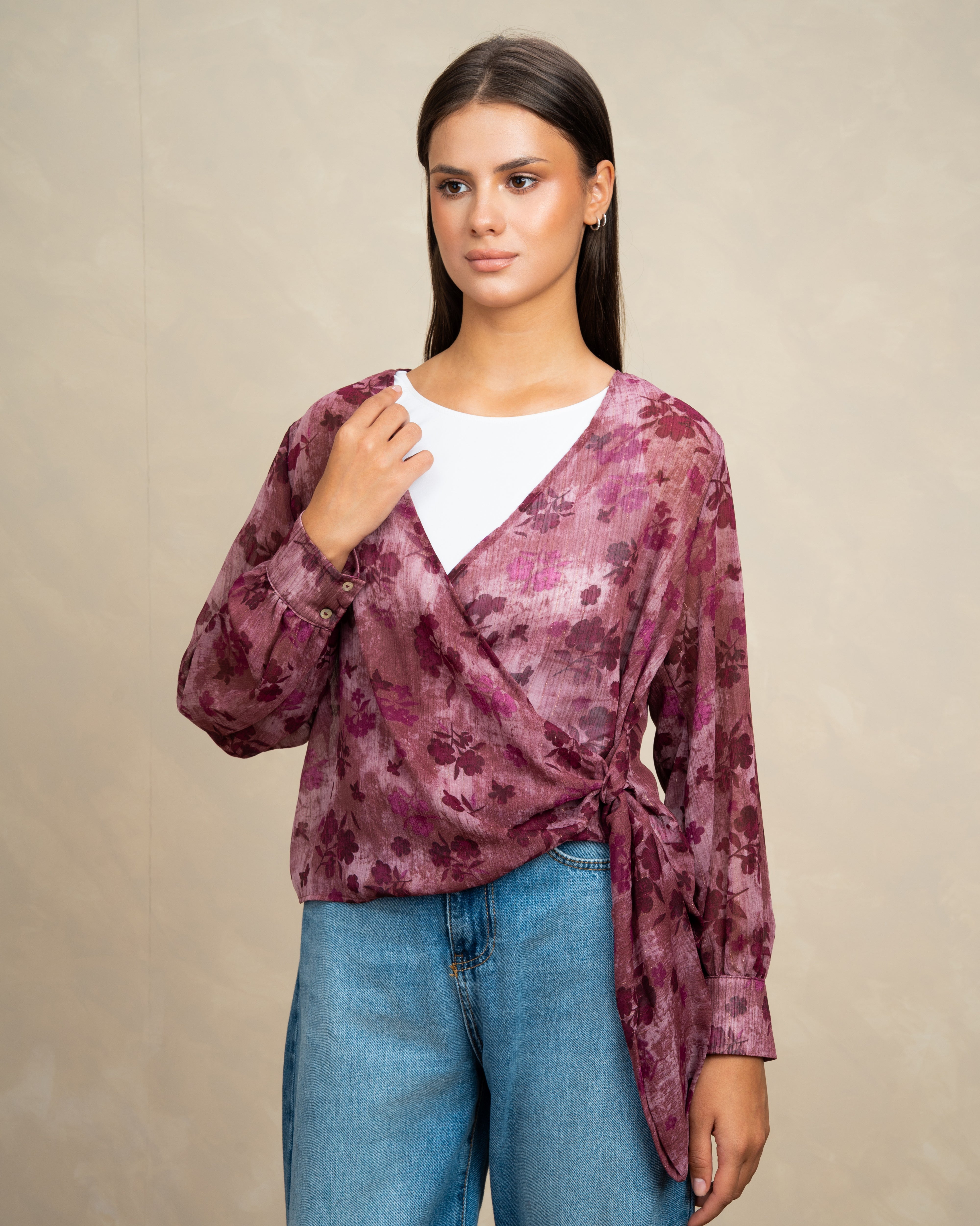 Floral Belted Wrap Blouse