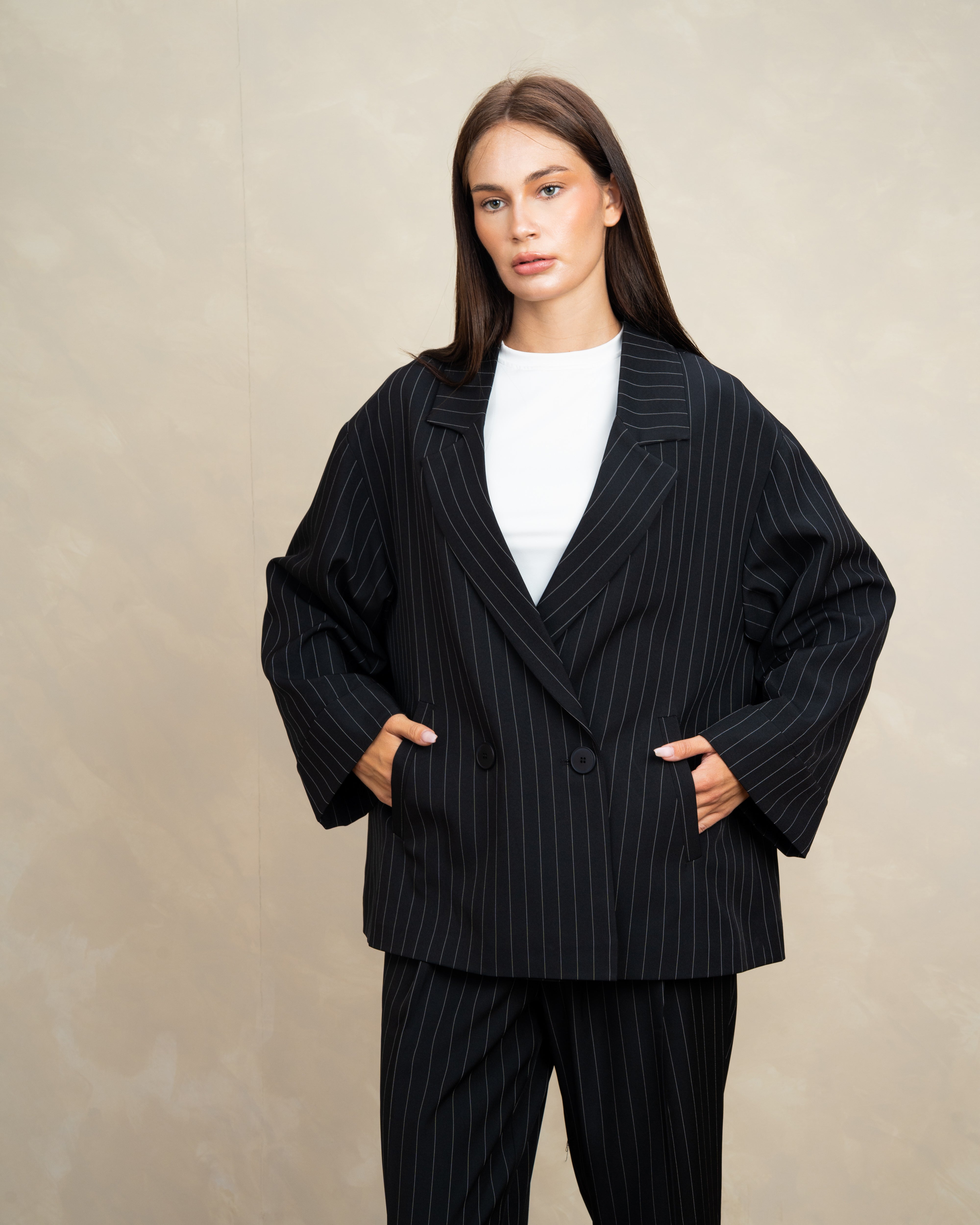 Long Striped Classic Blazer - With Rolled Sleeves