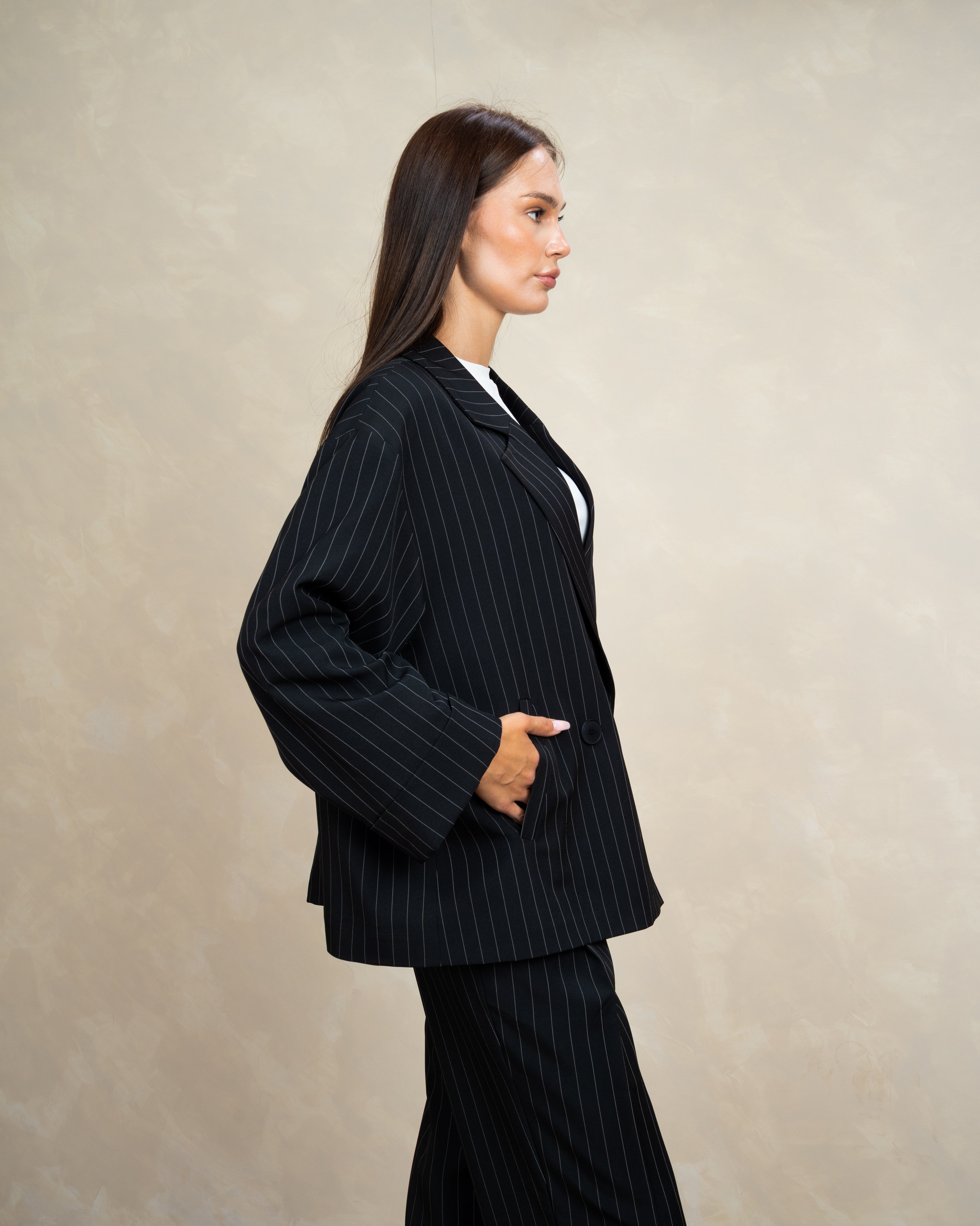 Long Striped Classic Blazer - With Rolled Sleeves