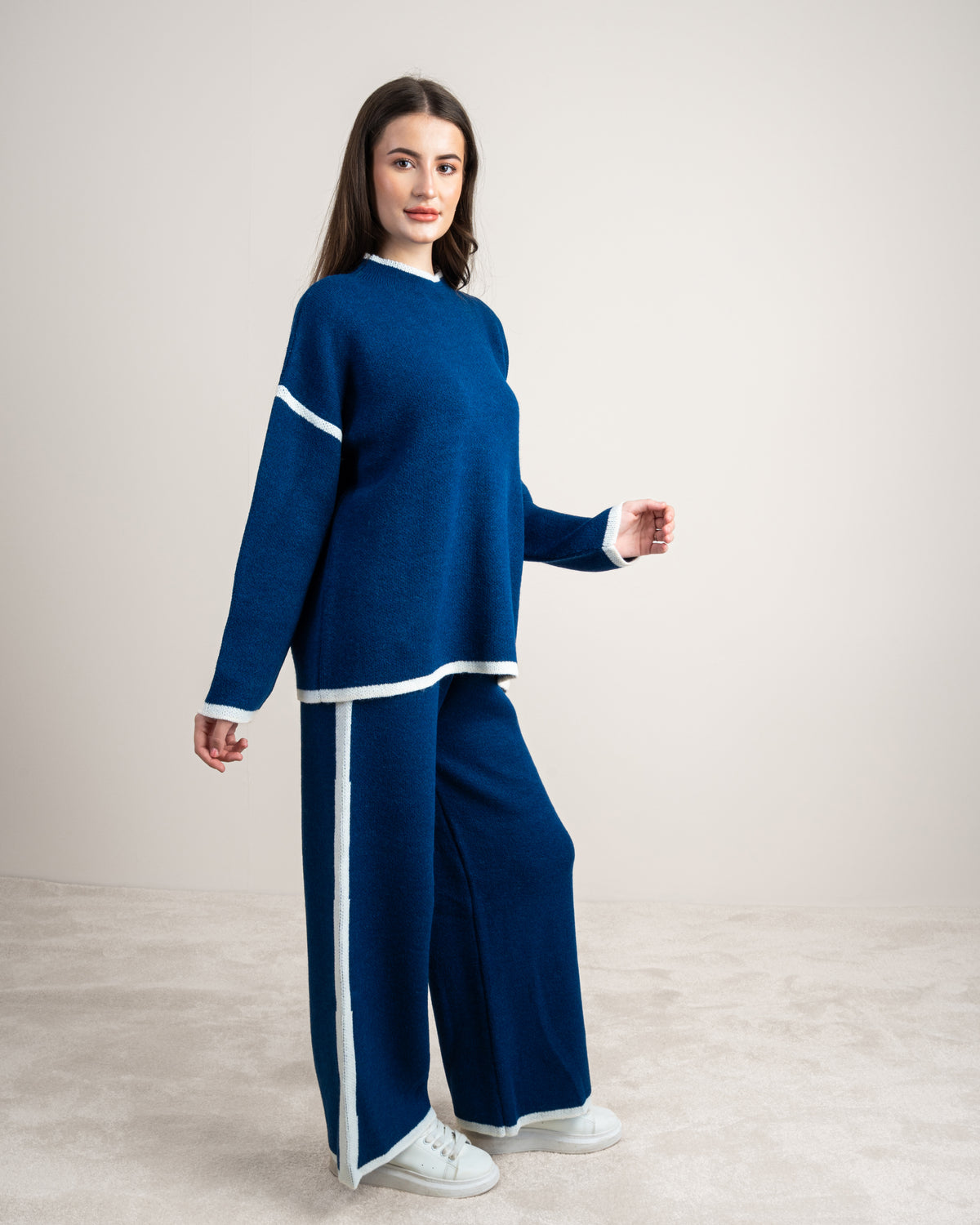 Plain Knitwear Suit - With Contrast Neckline