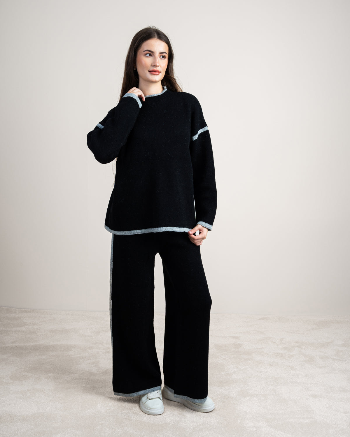 Plain Knitwear Suit - With Contrast Neckline