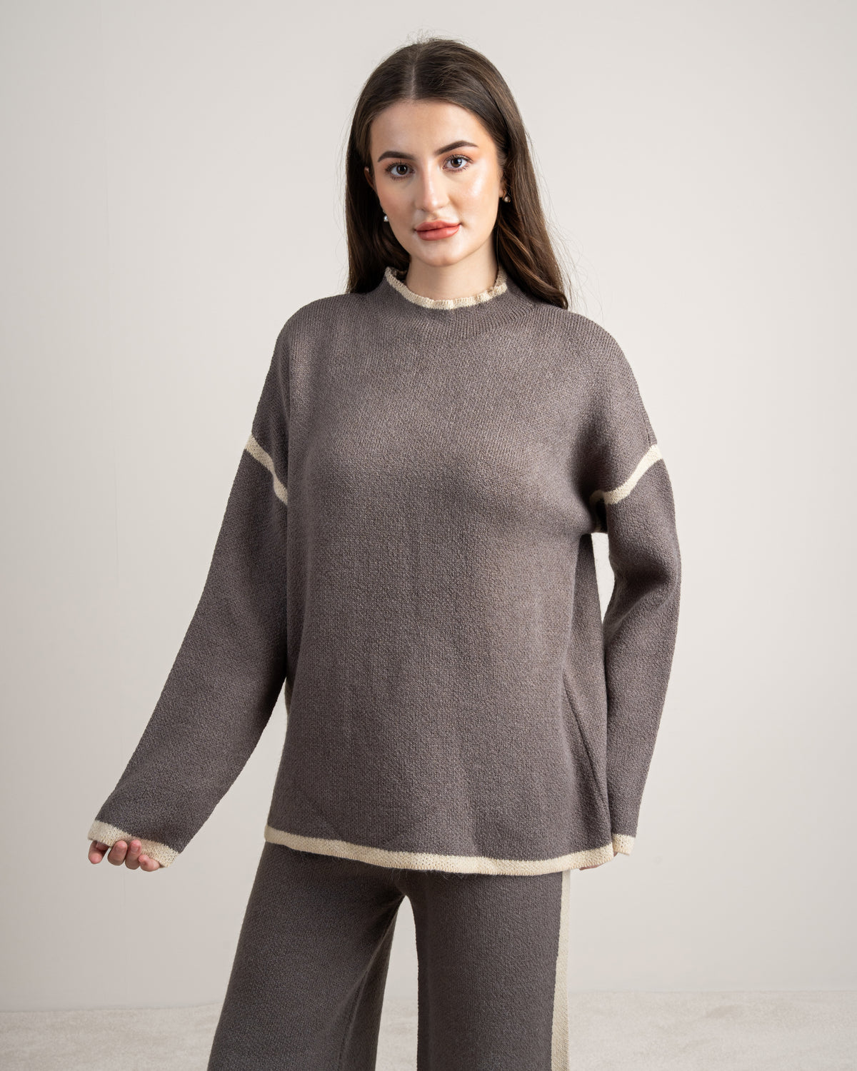 Plain Knitwear Suit - With Contrast Neckline