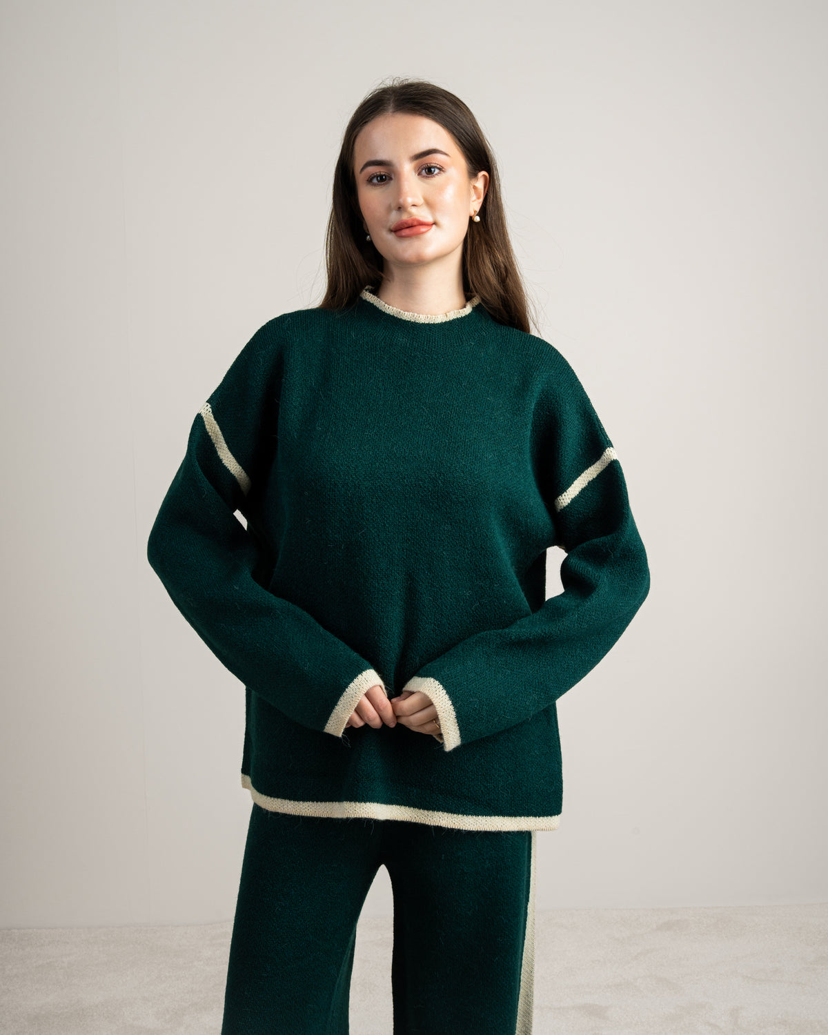 Plain Knitwear Suit - With Contrast Neckline