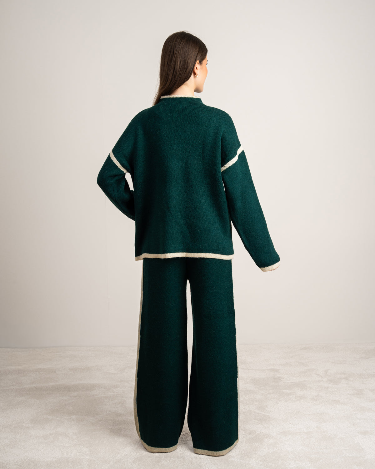 Plain Knitwear Suit - With Contrast Neckline
