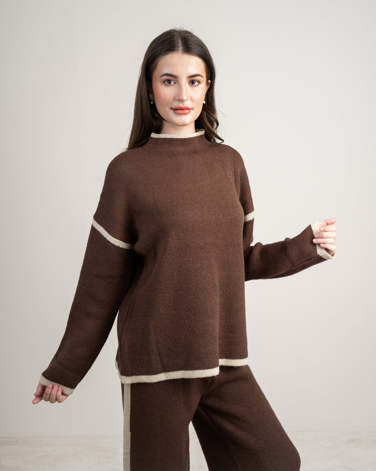 Plain Knitwear Suit - With Contrast Neckline
