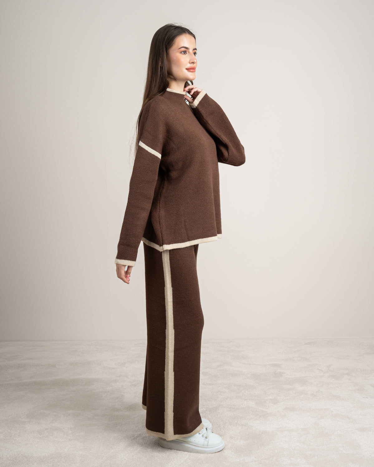 Plain Knitwear Suit - With Contrast Neckline