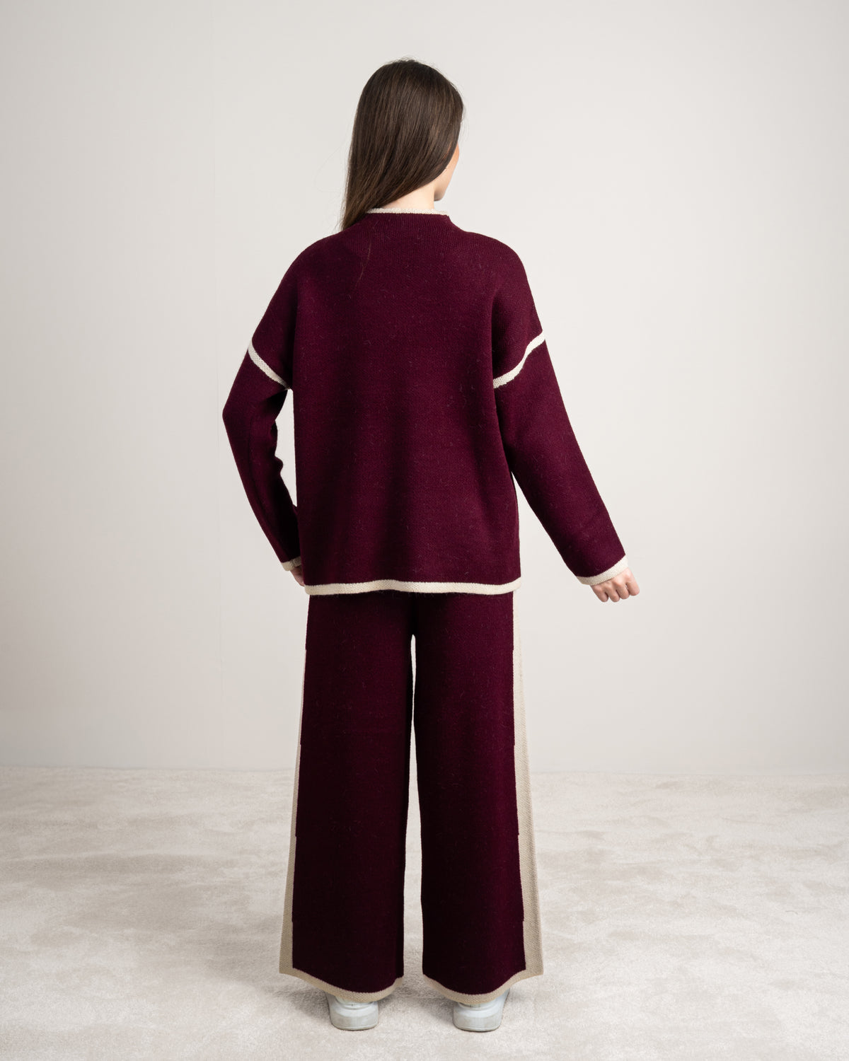 Plain Knitwear Suit - With Contrast Neckline