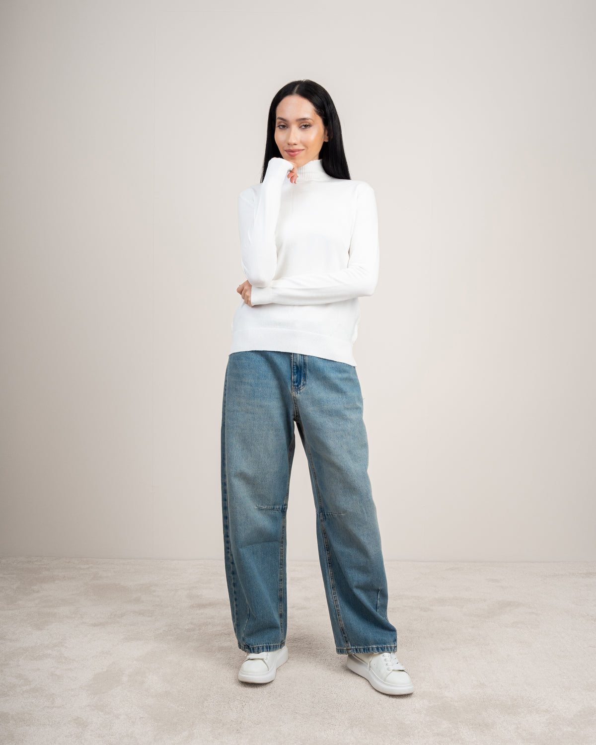 Plain Soft Fabric Mock - Neck Basic Top